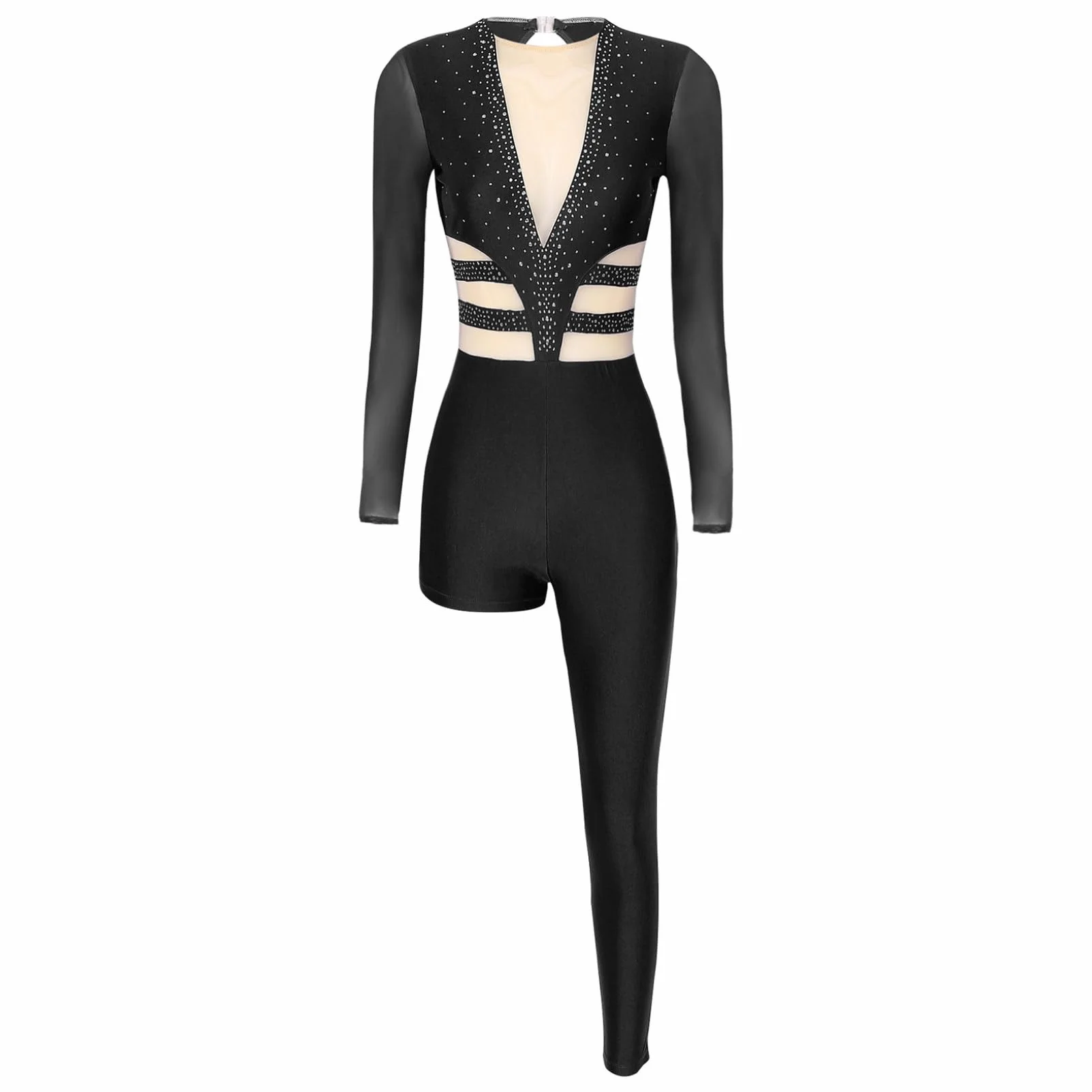 Oyolan Damski kombinezon gimnastyka Łyżwiarstwo figurowe Taniec trykot asymetryczny długi rękaw Leotard Rhinestone Unitard S-XXL