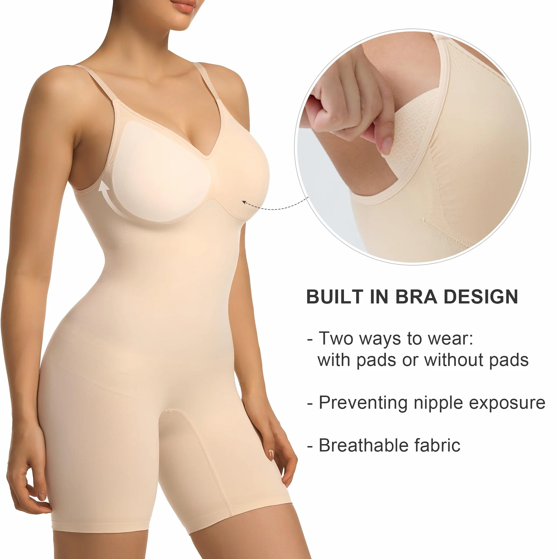 SHAPERX Bielizna modelująca dla kobiet, body wyszczuplające brzuch, ze zdejmowanymi wkładkami, podnoszące pośladki, szorty modelujące sylwetkę