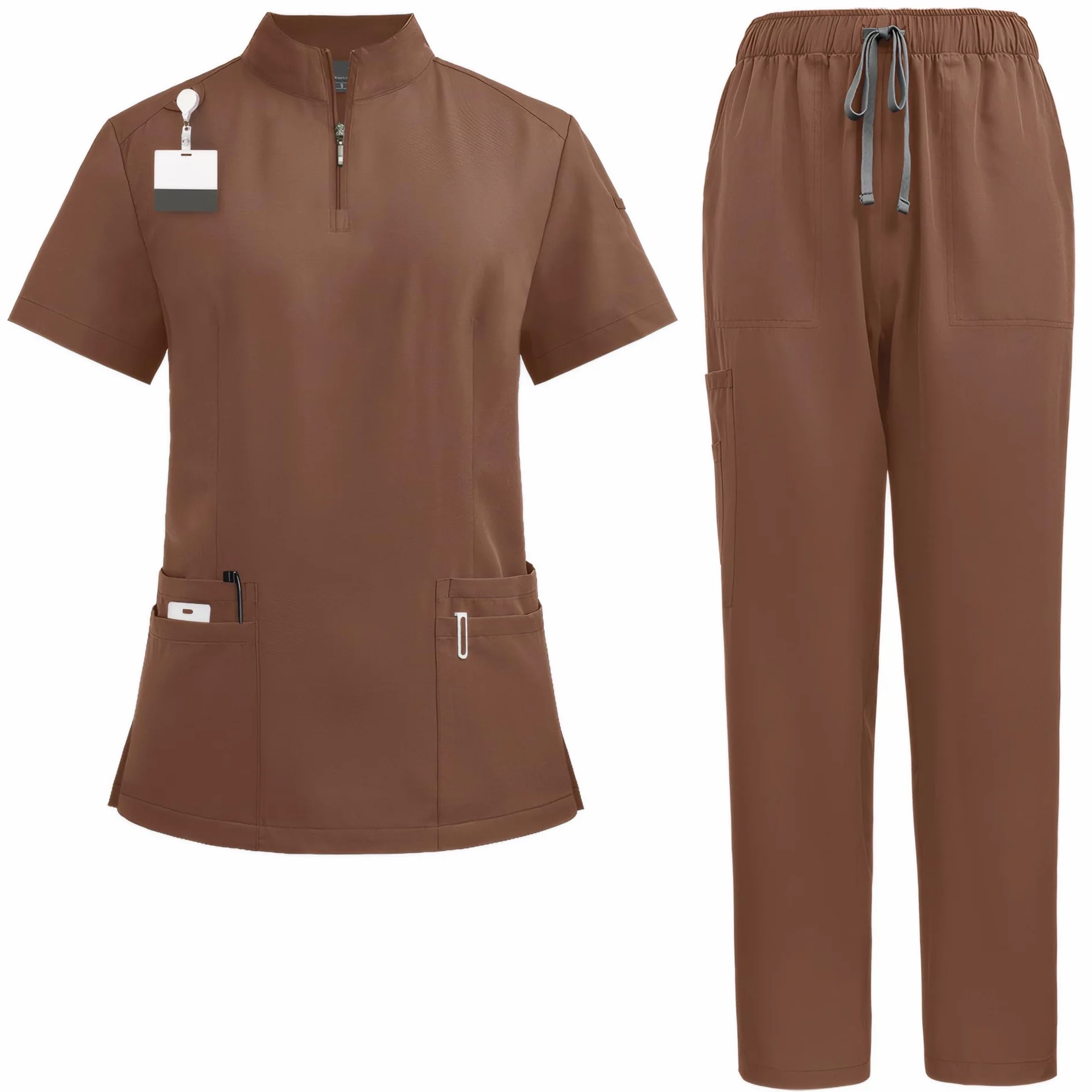 ThreeH Scrub Tops zestaw spodni dla mężczyzn i kobiet, medyczne mundury opieki zdrowotnej, stójka, top z krótkim rękawem i paskiem, spodnie joggery z wieloma kieszeniami