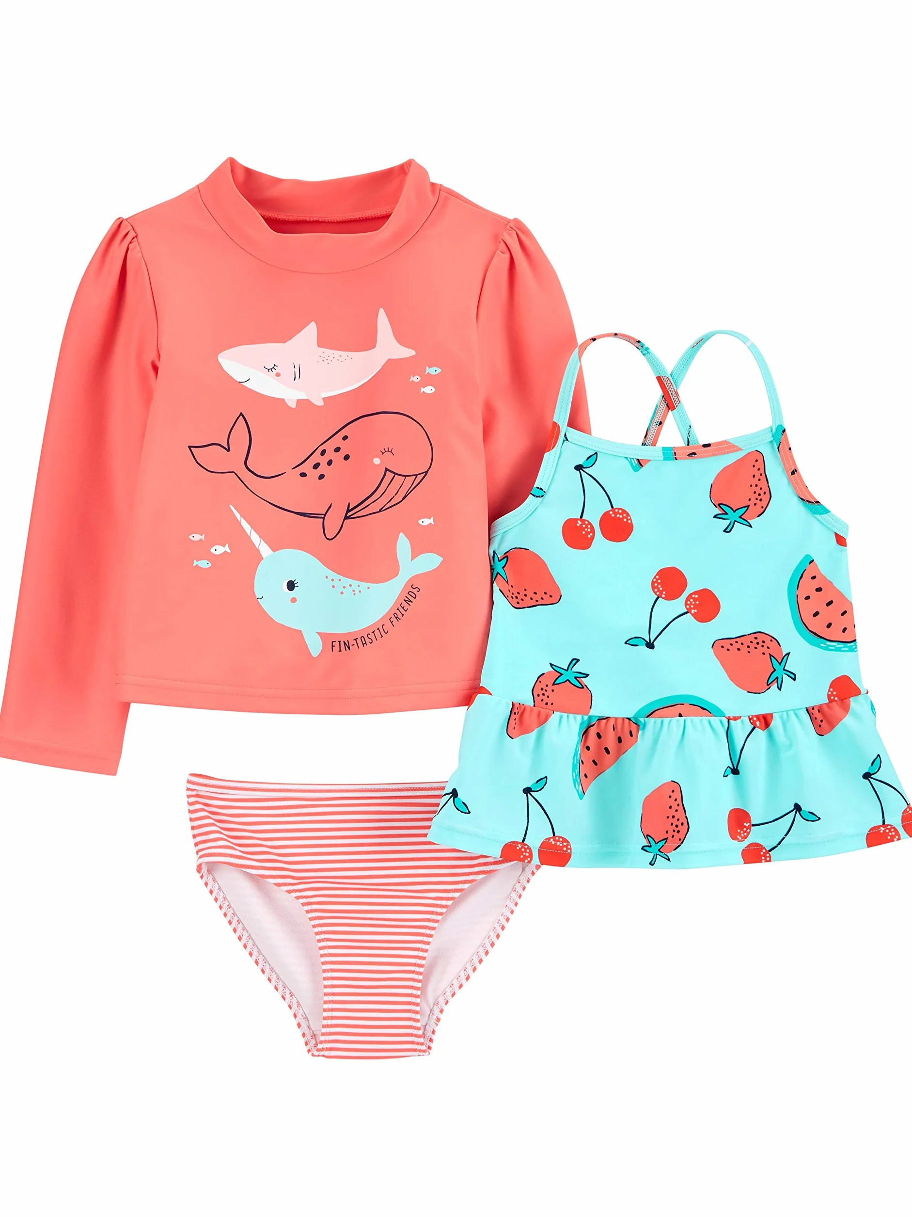 Simple Joys by Carter's Zestaw dla dziewczynek Rash-Guard, Pomarańczowy świat morski/czerwone owoce/paski, 3 Lat