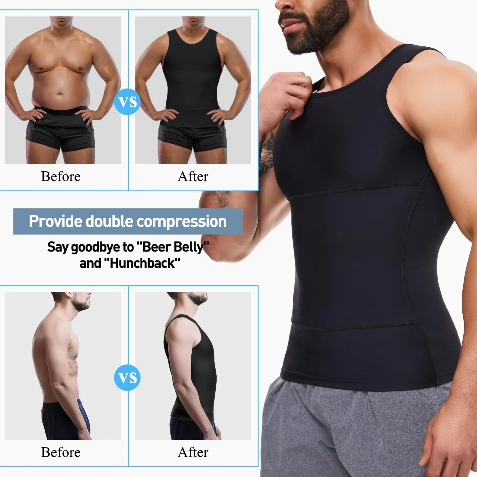 SLIMBELLE Shapewear męska koszulka kompresyjna, elastyczna, bez rękawów, body Shaper Tights, podkoszulek, podkoszulek męski, podkoszulek modelujący talię, modelująca figurę, wyszczuplający brzuch,