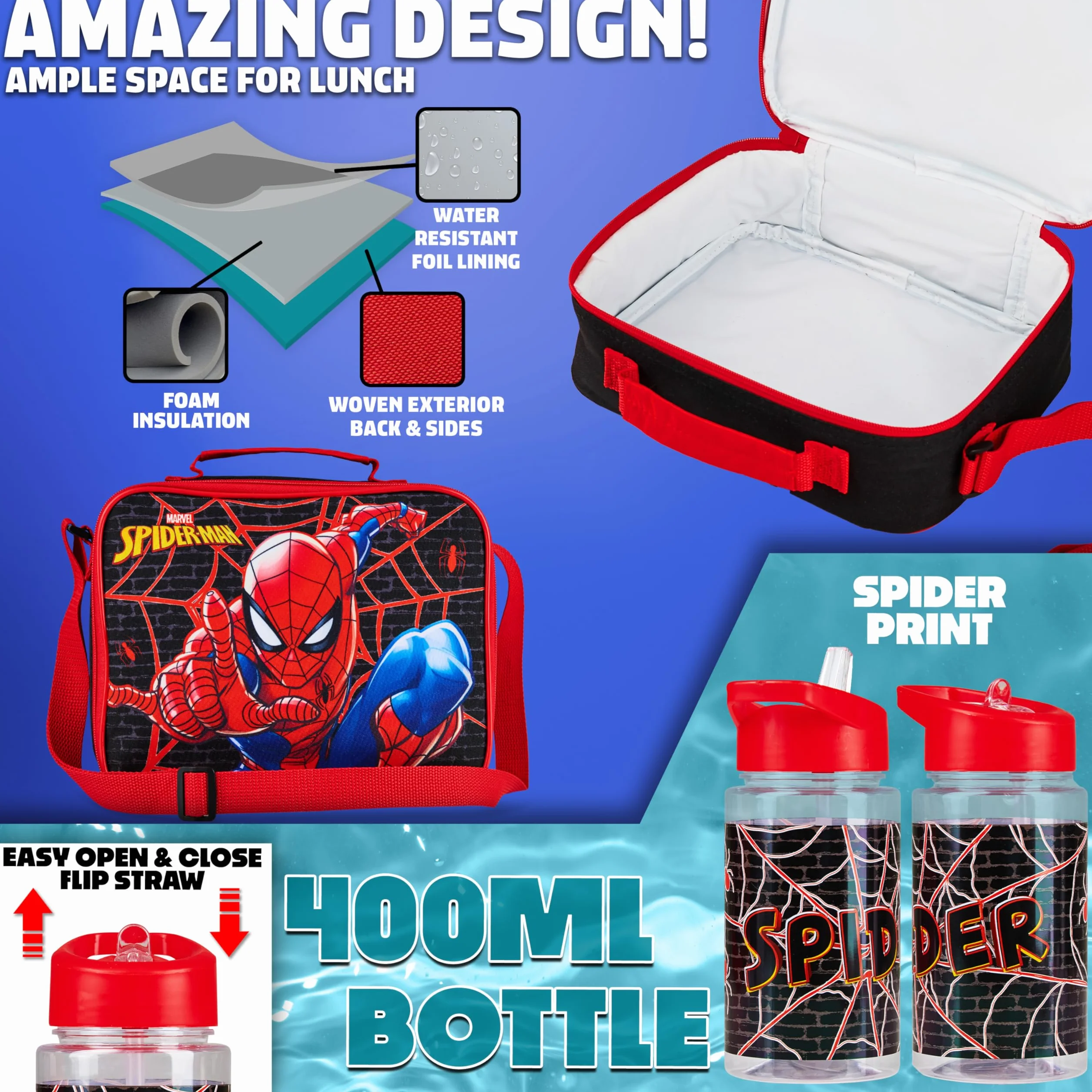 Marvel Spiderman plecak zestaw 4 szt. butelka na wodę dla dzieci 400 ml piórnik izolowana torba na lunch nastolatki przybory szkolne podróż wakacje