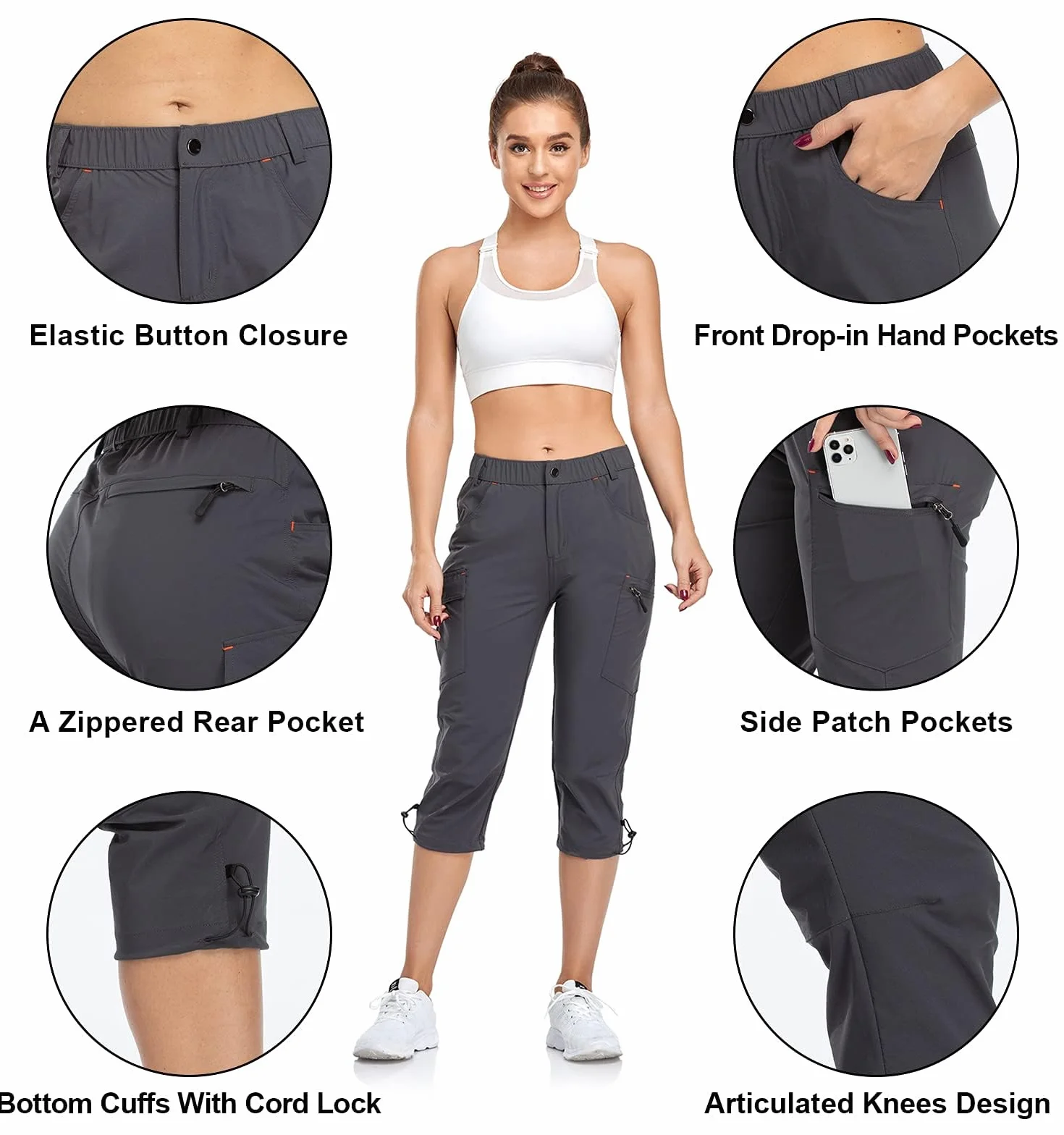 GymBrave Damskie spodnie cargo szybkoschnące outdoorowe kemping Capris wodoodporne UPF 50 z kieszeniami na zamek błyskawiczny