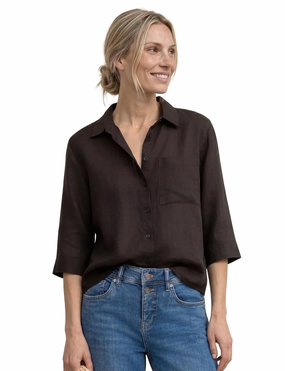 Street One Lniana bluzka z kieszenią na piersi Espresso Brown 40