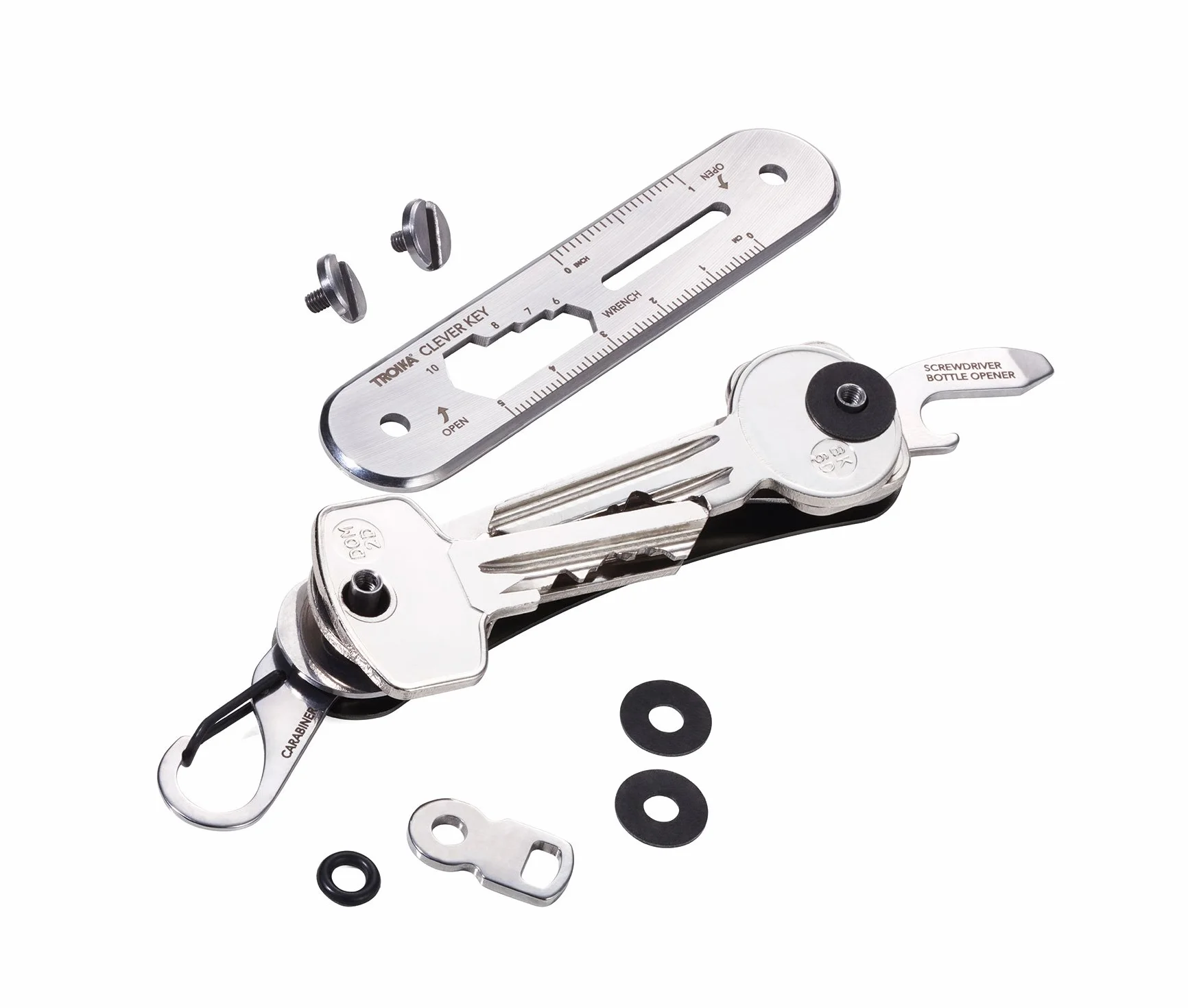TROIKA CLEVER KEY KCL81/TI – organizer na maks. 6 kluczy – organizer na klucze, kompaktowy pęk kluczy – 6 dodatkowych funkcji – otwieracz do butelek – karabińczyk – oryginalny, srebrny tytan, 10 cm, brelok