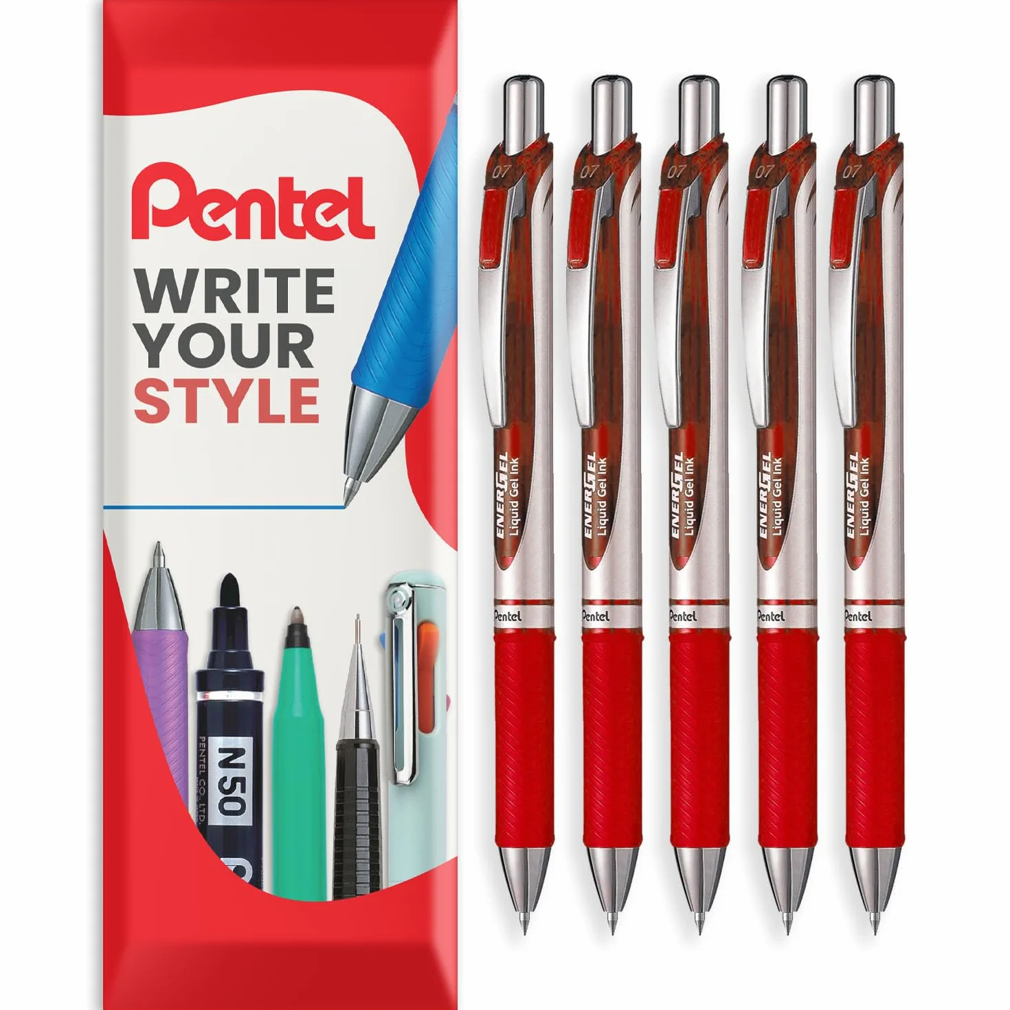 Pentel EnerGel XM BL77 – chowany płynny długopis żelowy – 0,7 mm – w 54% z recyklingu – w opakowaniu prezentowym (czerwone opakowanie 5 sztuk)