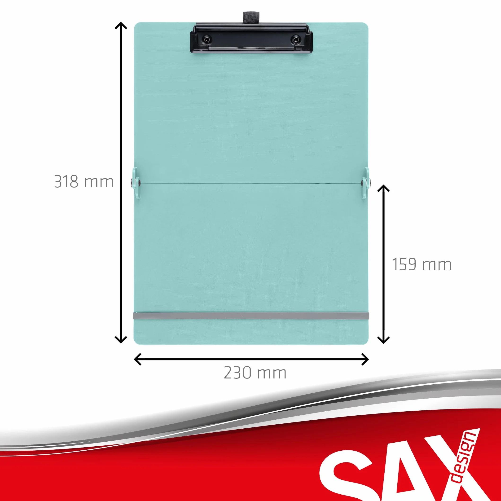 SAX Składana deska zaciskowa, Aqua, Clipboard, A4 na A5, format pionowy i poziomy, idealna w podróży i biznesie, na 30 arkuszy, w zestawie elastyczna taśma zamykająca i szlufka na długopis, trwała i
