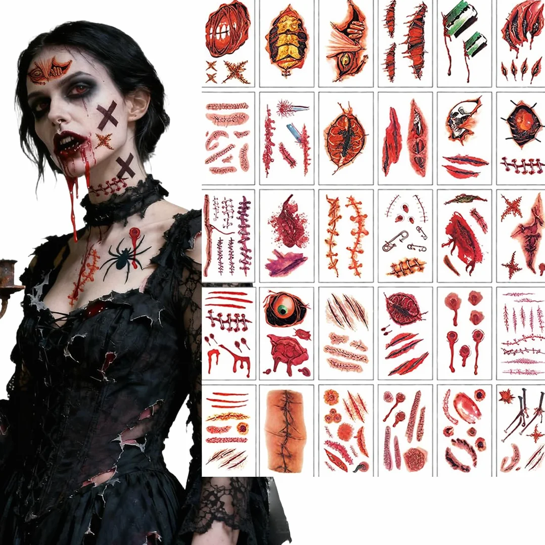 Tatuaż na blizny na Halloween, 30 arkuszy realistycznych blizn z horroru, straszny tatuaż na twarz zombie dla dzieci i dorosłych, wodoodporny tatuaż na Halloween, na karnawał i imprezę
