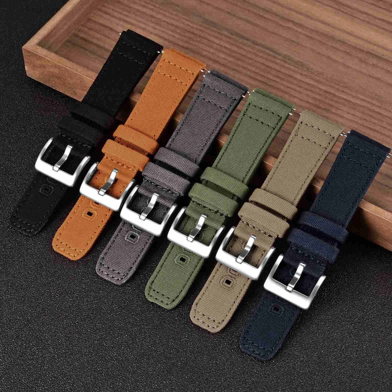 BISONSTRAP Pasek do zegarka z płótna dla kobiet i mężczyzn, szybkie zdejmowanie, szczotkowana klamra, szerokość 20 mm, 22 mm, 24 mm
