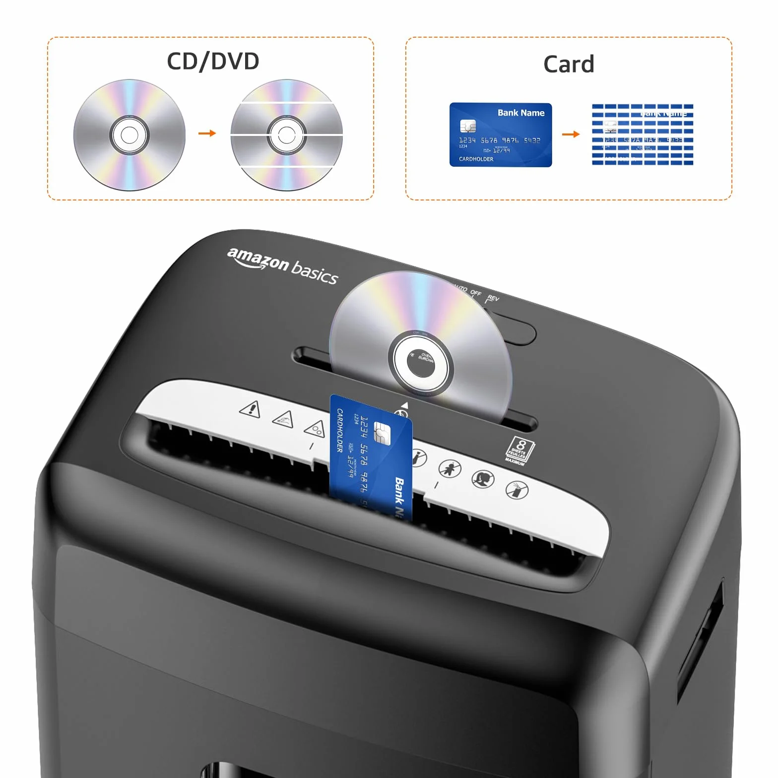 Amazon Basics Niszczarka do papieru, rozdrabnianie mikro, na 8 arkuszy, niszczarka do płyt CD i kart kredytowych, 8 arkuszy, czarna