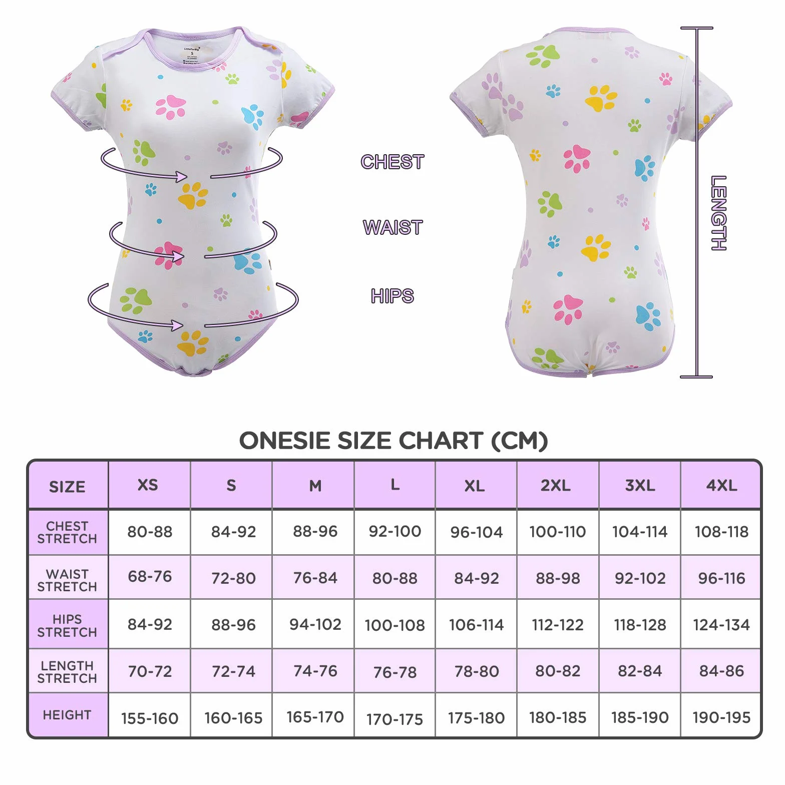 LittleForBig Dorośli Baby miłośnik pieluszek(ABDL) zatrzas w komkroku jednoczęściowy śpioszki-Baby Wydruk łapy Onesie