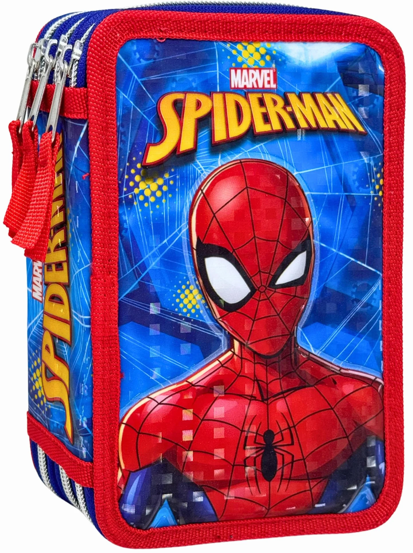 Piórnik 3D Szkolny z Wyposażeniem 44 Elementów – 3 Komory – Spiderman – Dla chłopców – Czerwony i niebieski – Zestaw Przyborów Szkolnych