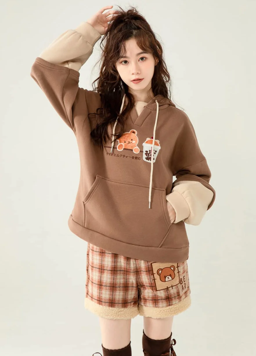Kawaii bluza z kapturem dla nastolatków, uroczy niedźwiedź, mleko, herbata, łata, haft, pulower, topy z kapturem, dwuczęściowy, aksamitne luźne bluzy z kapturem, Brązowy, Jeden rozmiar