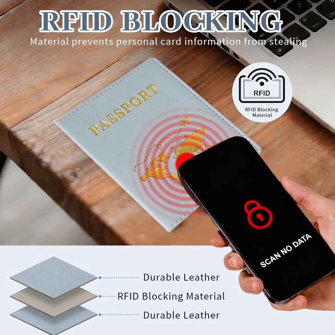 Zestaw 4 etui na paszport i zawieszki do walizki, organizery na paszport, etui z blokadą RFID, na paszport, karty kredytowe, dowód osobisty, dokumenty podróżne dla kobiet i mężczyzn (niebieskie