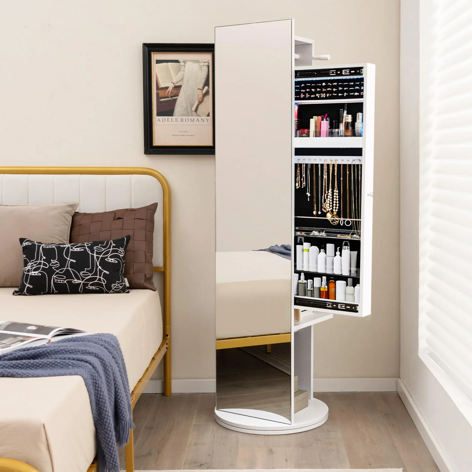 COSTWAY szafka na biżuterię z lustrem, wolnostojąca szafka z lustrem, obrotowa w 360° z diodami LED, organizer na biżuterię i kosmetyki