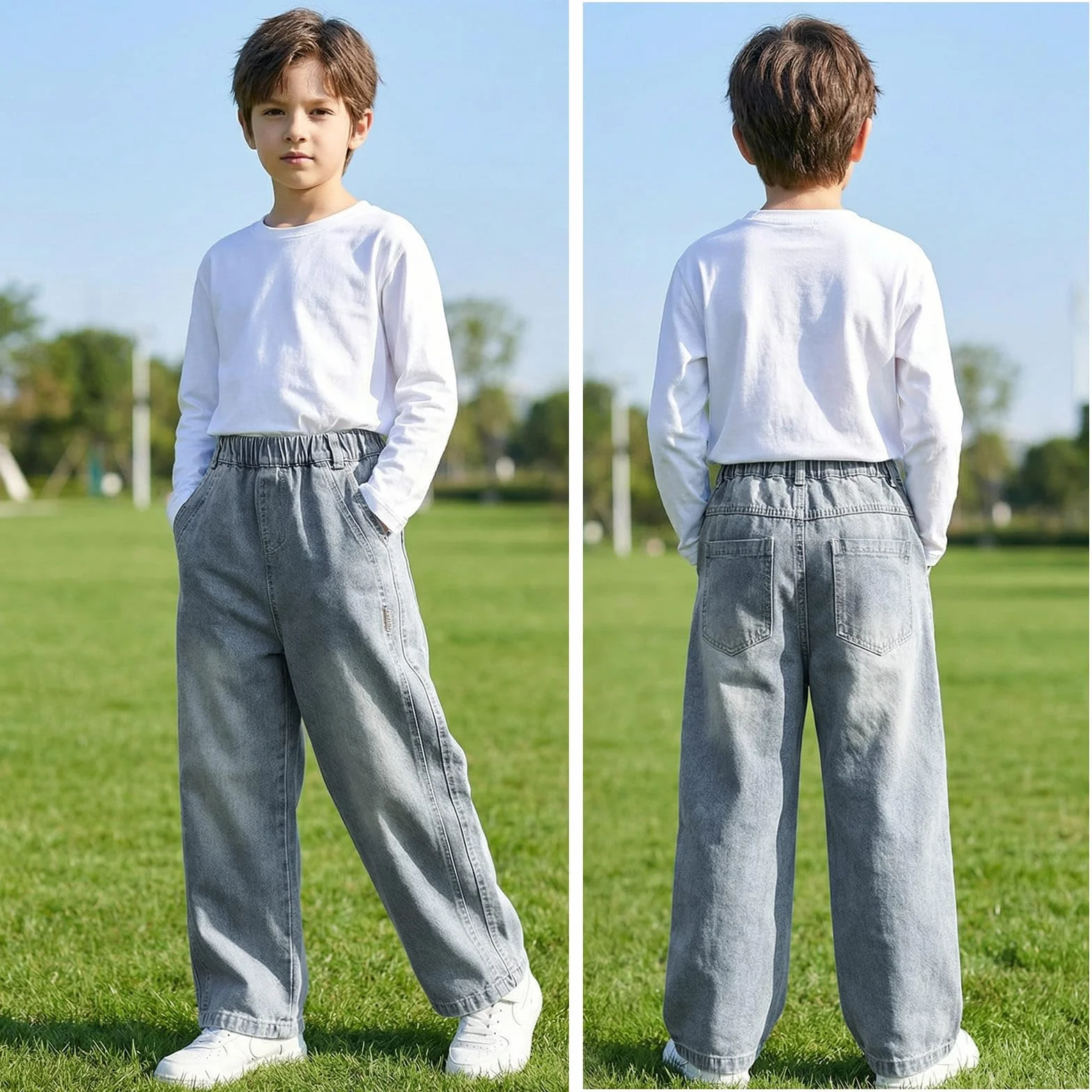 Chłopięce luźne dżinsy z elastyczną talią bojówki z kieszeniami, luźne jeansowe spodnie streetwear dla dzieci w wieku 7-15 lat