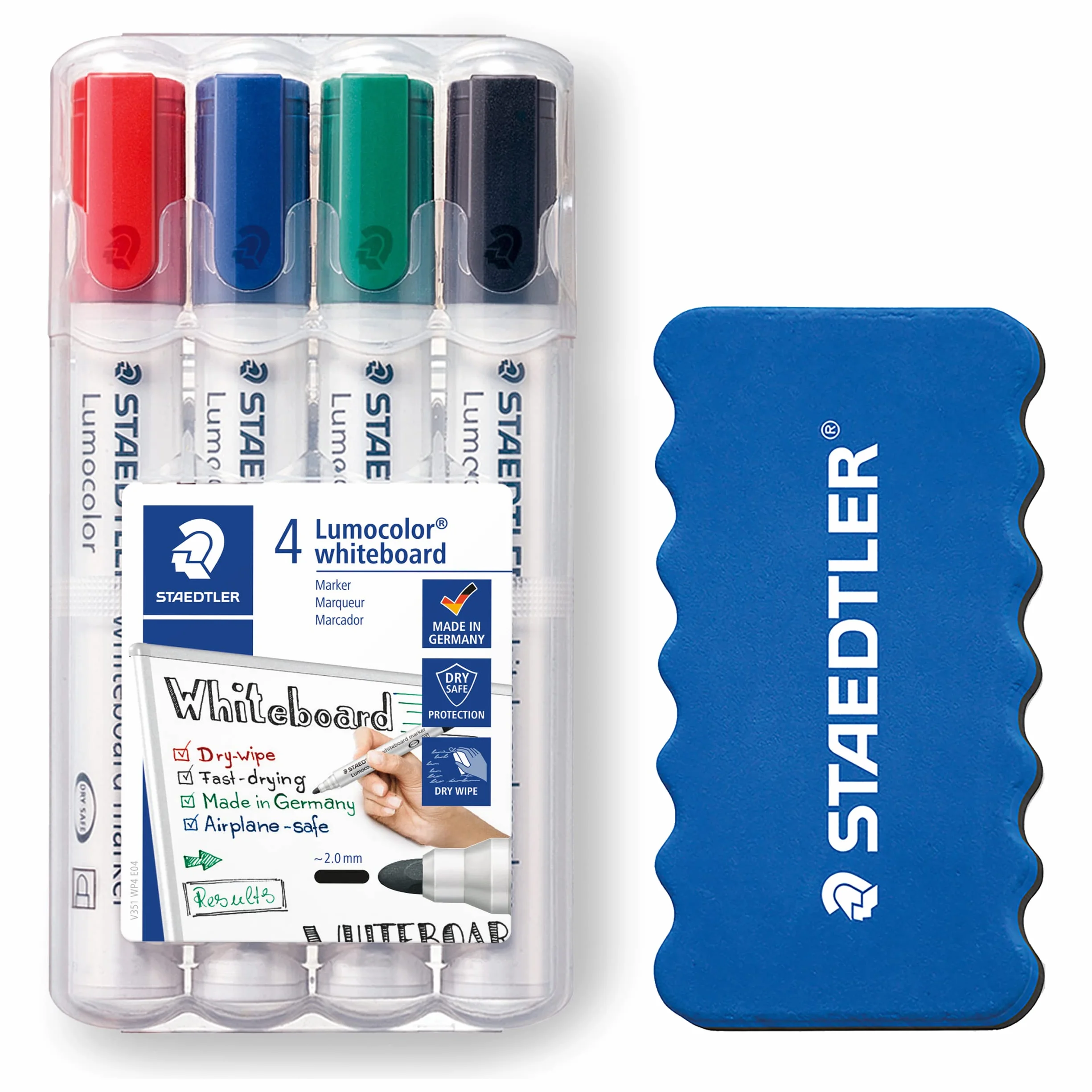 STAEDTLER 351 WP4P1X markery do tablic suchościeralnych Lumocolor, szerokość linii, ok. 2 mm, ścieralne na sucho, bez pozostawiania śladów, wysoka jakość, zestaw 4 markerów łącznie z gąbką