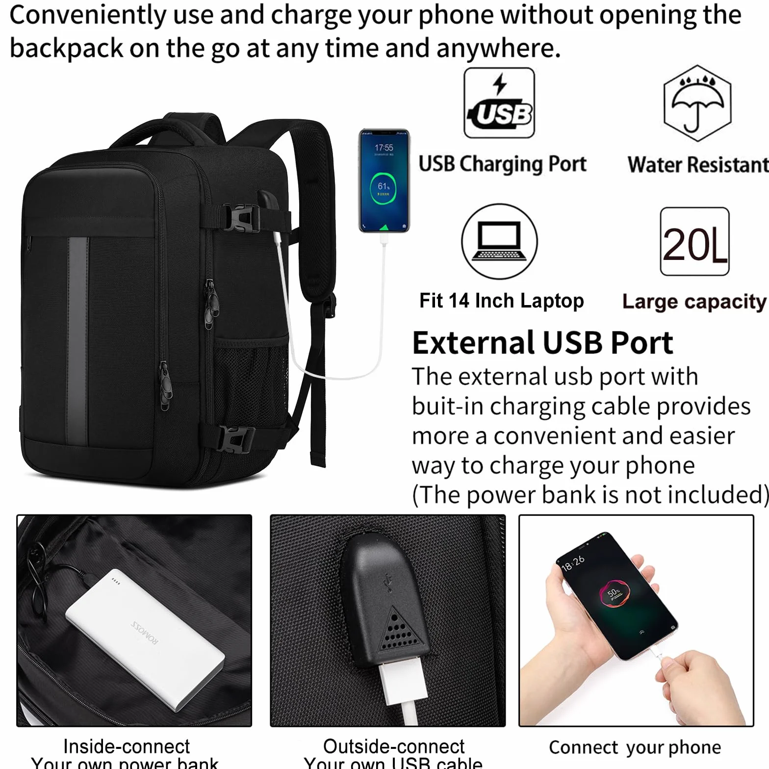 Torby kabinowe pod siedzenie, plecak podróżny, rozmiar kabiny, plecak do samolotu, bagaż podręczny, torba do samolotu, torba lotnicza z portem ładowania USB, Czarny-S, Ryanair 40x20x25cm(20L), Casual