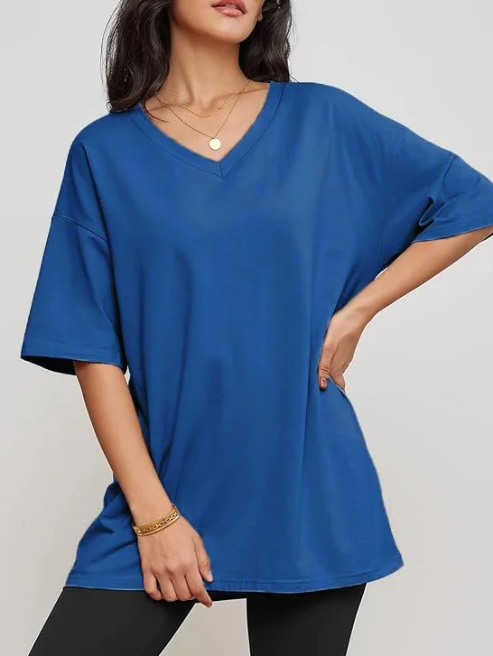 Haibang Koszulka Damska Oversize z Krótkim Rękawem Dekolt w Serek Letnie Topy Luźna Bawełna Casual Klasyczny Top Basic Tee Shirt Jednolity Kolor Bluzka z Szerokim Ramieniem