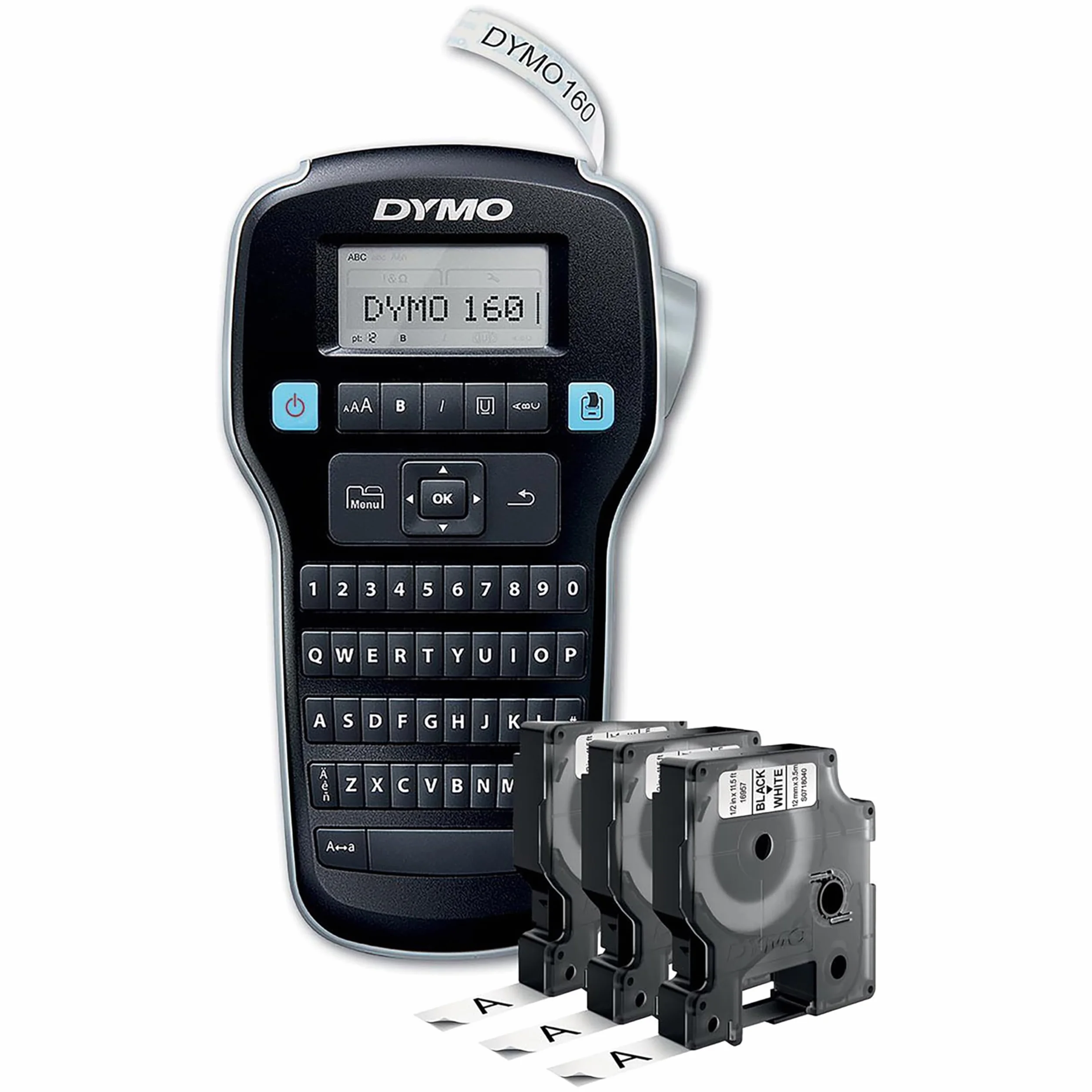 DYMO LabelManager 160 Zestaw startowy do drukarki etykiet | Ręczna drukarka etykiet | z 3 rolkami taśmy Dymo D1 Label Tape | Klawiatura QWERTY | Idealne rozwiązanie do biura lub domu