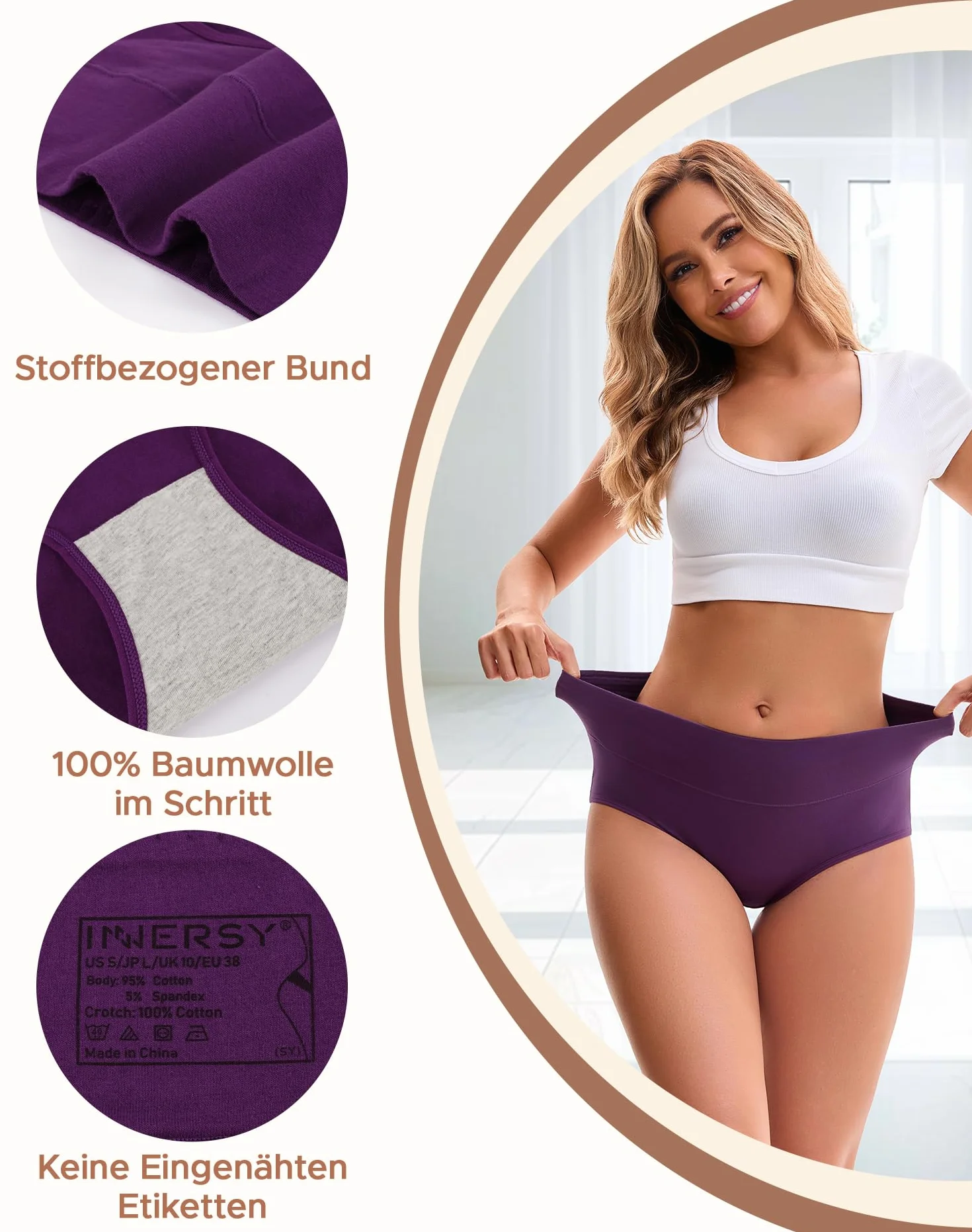 INNERSY majtki damskie, stretch, bawełna, wysoka talia, miękka bielizna, 5 par