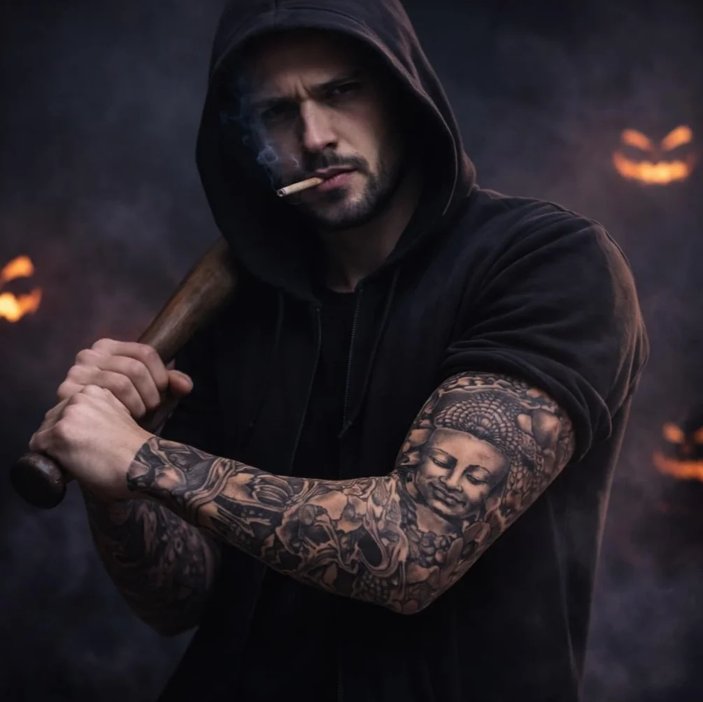 Kostimheld® tatuaż z rękawami z nylonu – łudząco prawdziwe – męskie – podkolanówki na karnawał i Halloween – rocker
