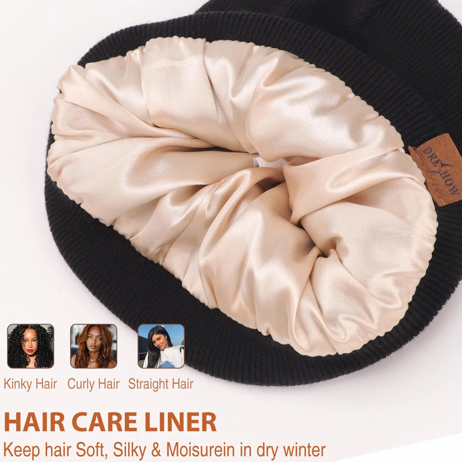 DRESHOW Dzianinowa Czapka Beanie z Satynowa Podszewka Czapki Zimowe dla Kobiet Mężczyzn Miękka Ciepła Zimowa Czapka z Daszkiem Unisex