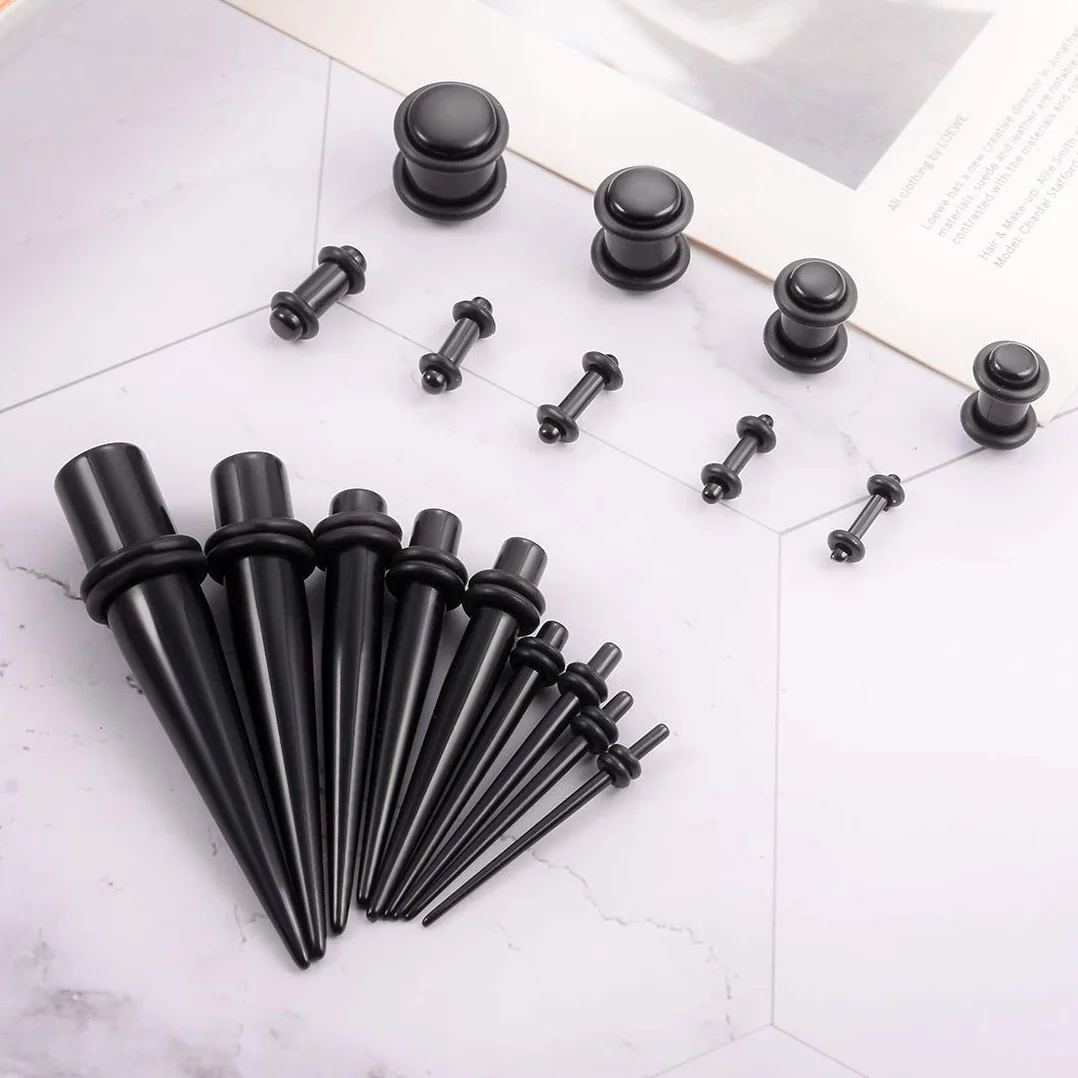 Huacan Zestaw rozpychaczy do uszu, 1,6-10 mm, akrylowe, rozpychacze, czarne, tapery, do piercingu, klasyczny, dla kobiet i mężczyzn, punk, 36 sztuk