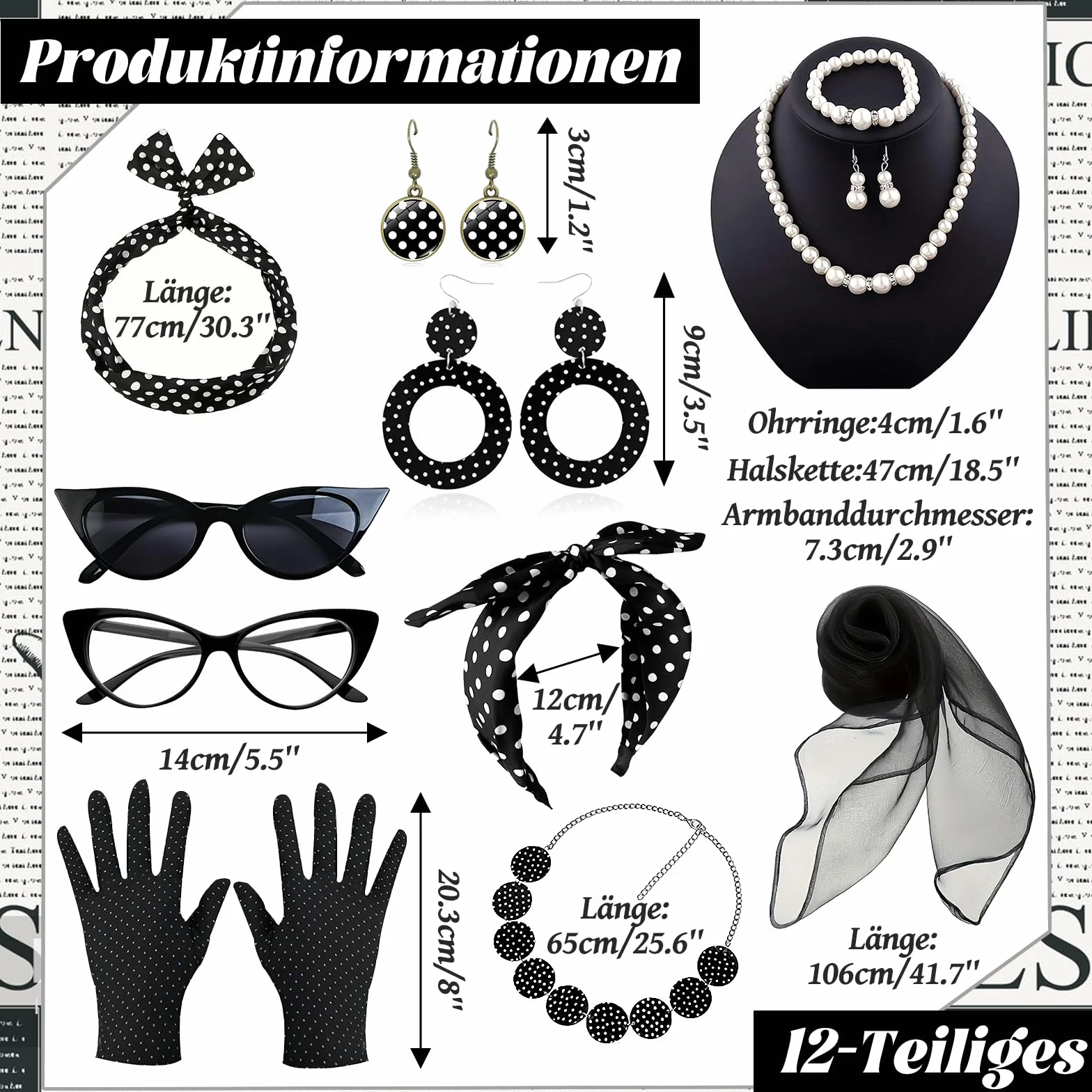 Grantop Akcesoria damskie w stylu lat 50. XX wieku, 12-częściowy zestaw akcesoriów damskich w stylu rockabilly z lat 50., retro akcesoria do kostiumu z szyfonowym szalikiem, rękawiczkami, opaską na