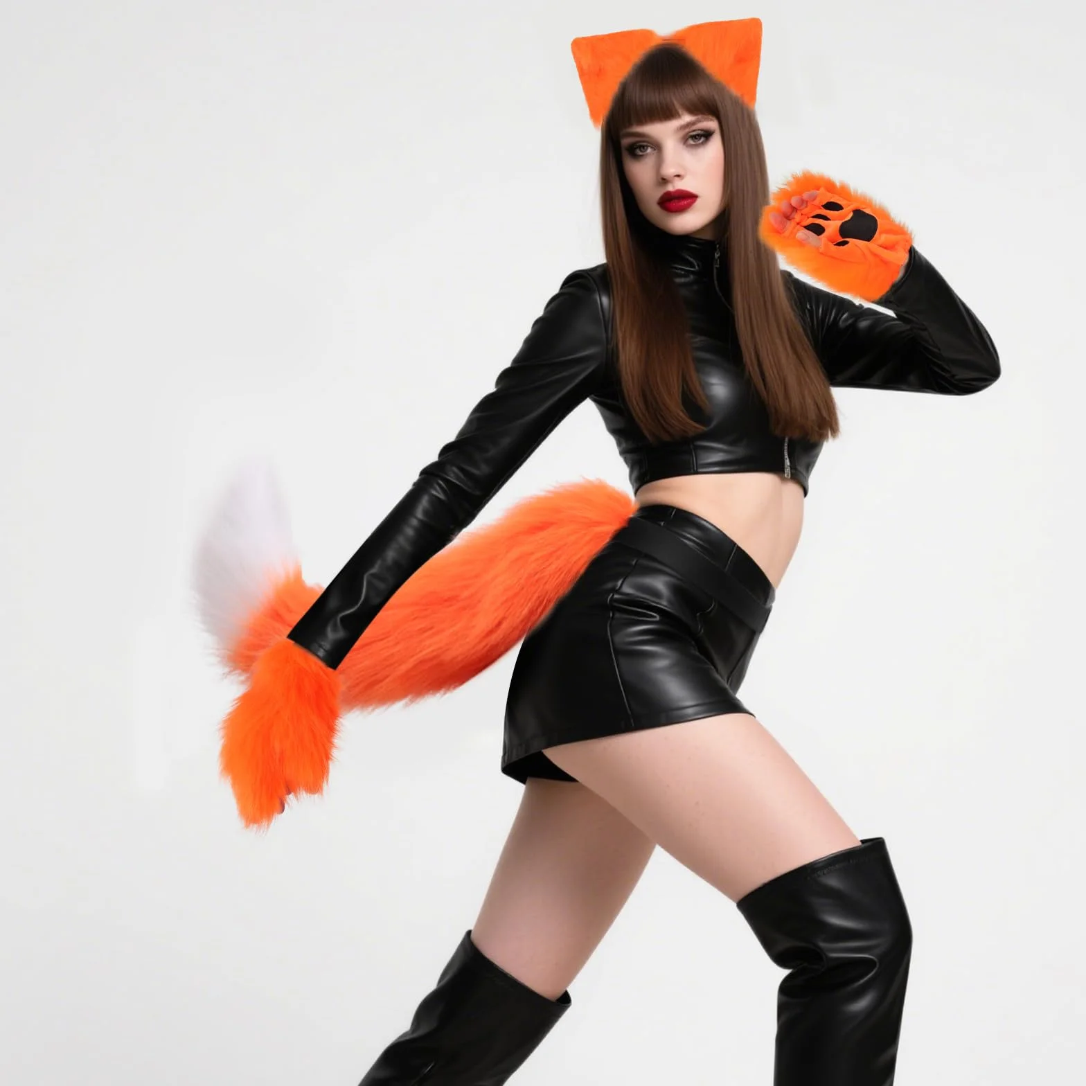 DRESHOW Zestaw Opaski z Uszami i Rękawiczek z Futrem Wilka i Lisa Kostium Cosplayowy na Imprezę Super Duży Puszysty Ogon dla Kobiet