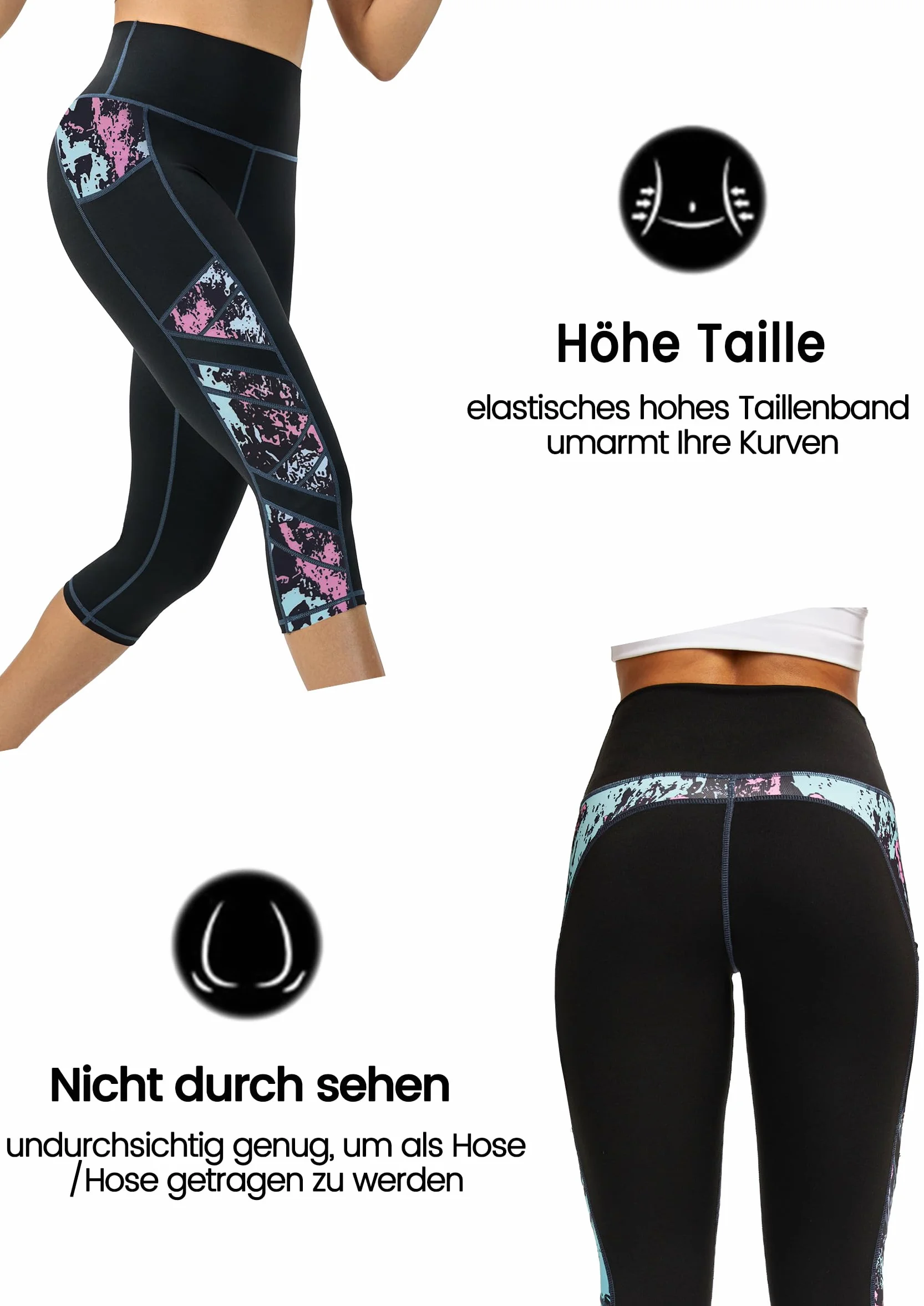 Sportowe legginsy damskie, wysoka talia, elastyczne spodnie sportowe, wyszczuplające brzuch, damskie długie legginsy slim fit, spodnie sportowe damskie 3/4, legginsy sportowe 3/4, legginsy damskie