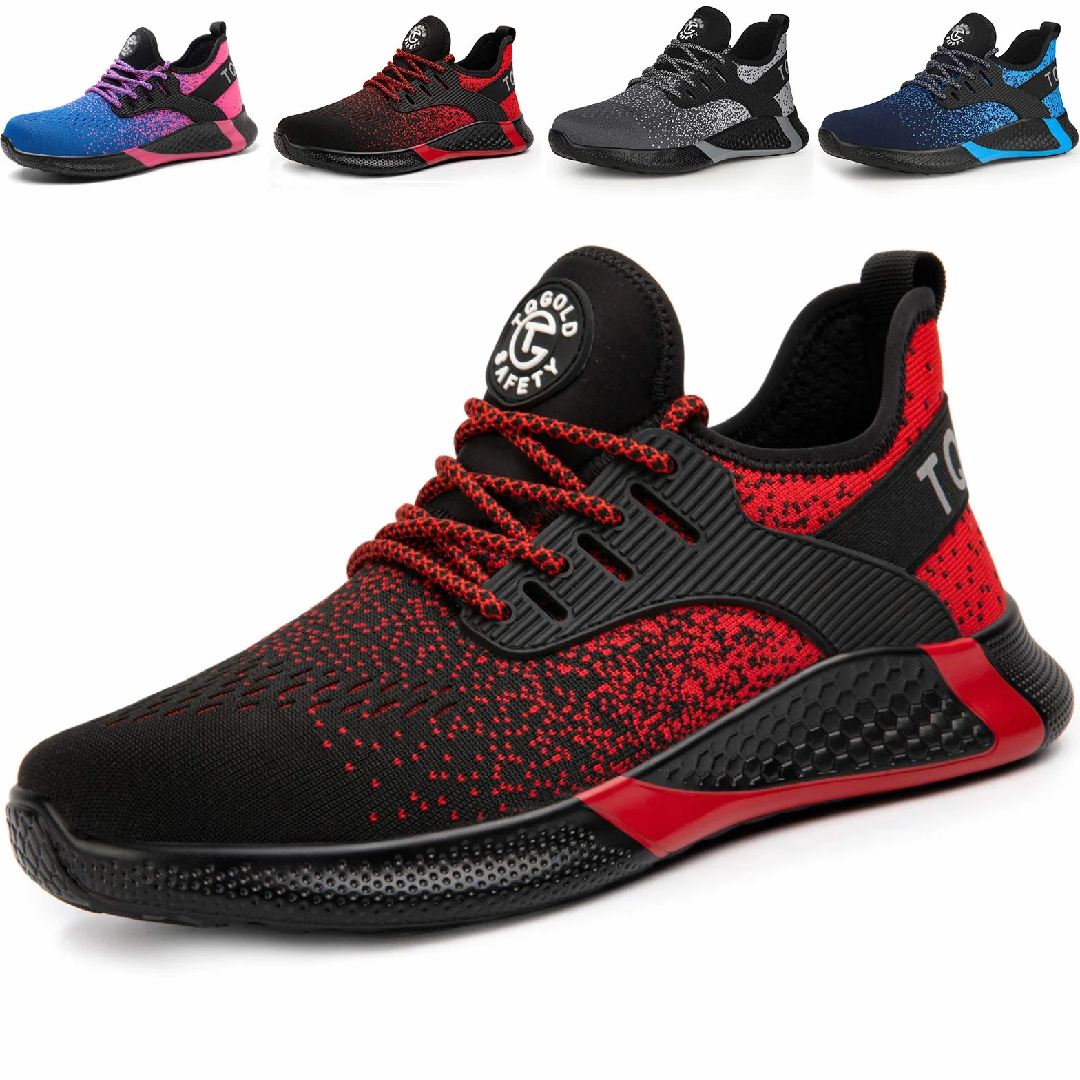 AONETIGER Buty ochronne dla mężczyzn i kobiet, lekkie buty robocze, stalowy nosek, sportowe, oddychające, antypoślizgowe, 8195 czerwony, 42 EU