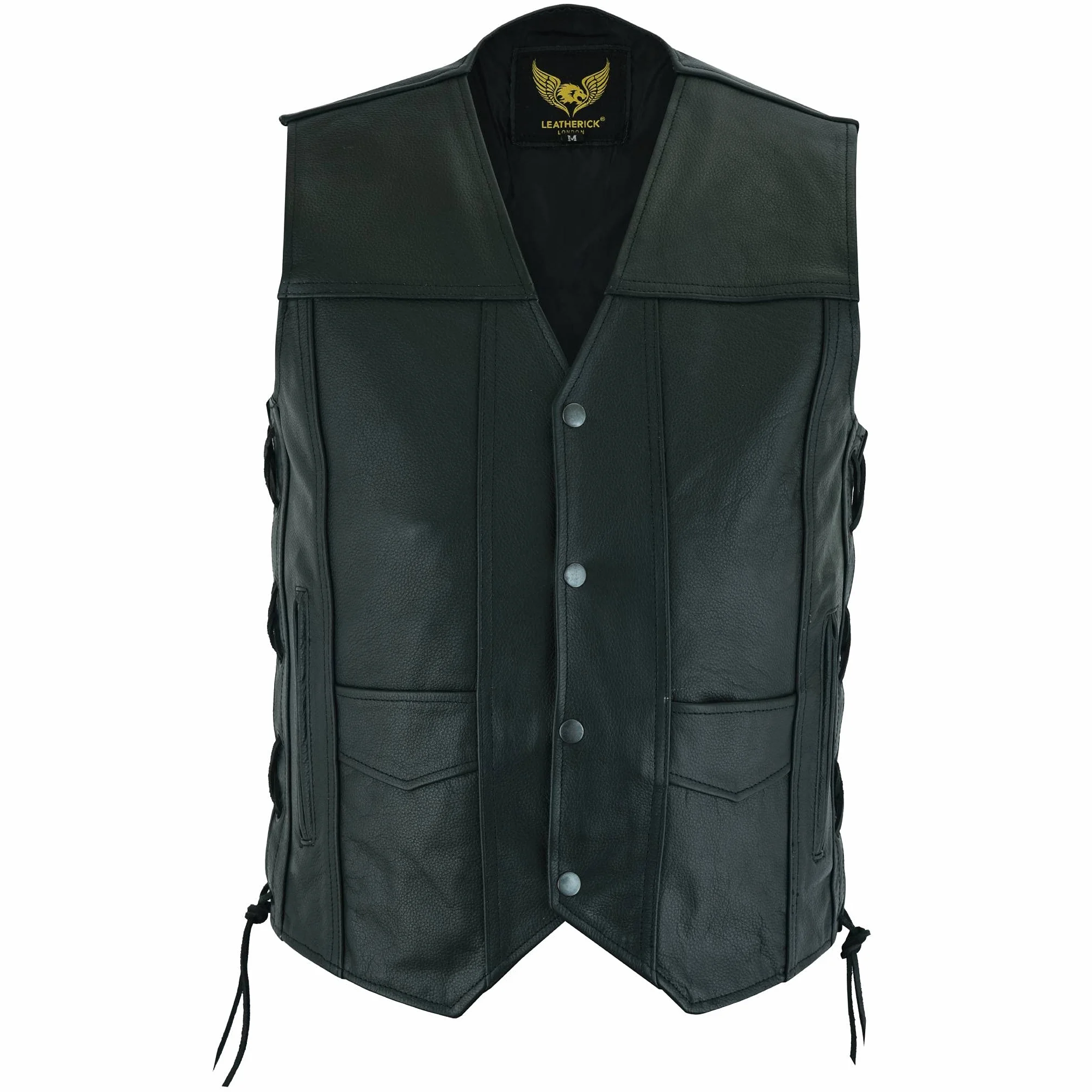 Leatherick Top-Grain męska kamizelka z prawdziwej skóry bydlęcej, czarna, klasyczna kamizelka z bocznymi sznurowadłami i ukrytymi kieszeniami do noszenia