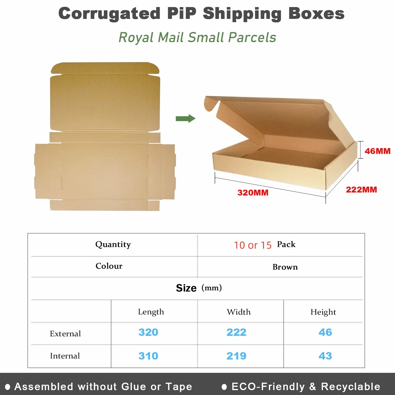Pudełka wysyłkowe z tektury falistej A4, 320 × 222 × 46 mm Royal Mail, małe paczki pocztowe PiP, brązowe skrzynki pocztowe C4 do biznesu, wysyłki, przechowywania lub na prezent (10 sztuk)