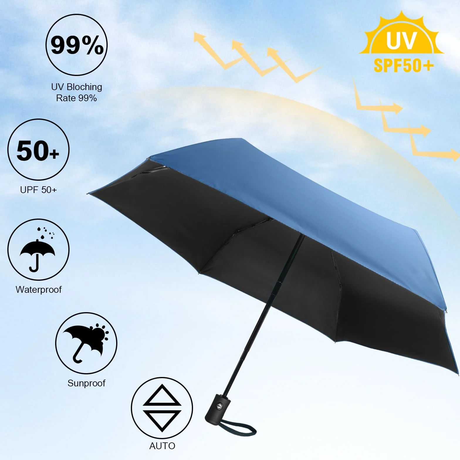 Parasol podróżny UV automatyczny – kompaktowy, składany, przenośny, ochrona przed promieniowaniem UV, lekki parasol kieszonkowy, 98 cm, rozpiętość skrzydeł 6 żeber 210T, materiał osłonowy