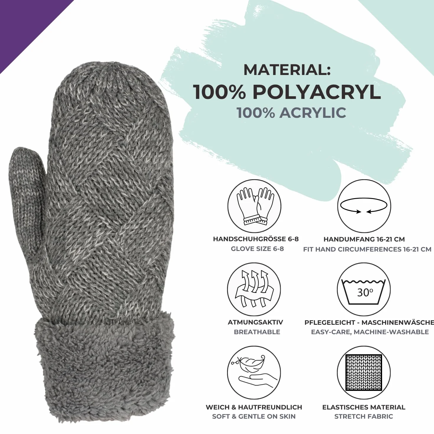 styleBREAKER Damskie ciepłe zimowe rękawiczki z dzianiny, rękawiczki z wzorem w romby, polar termiczny, rękawiczki z dzianiny 09010031