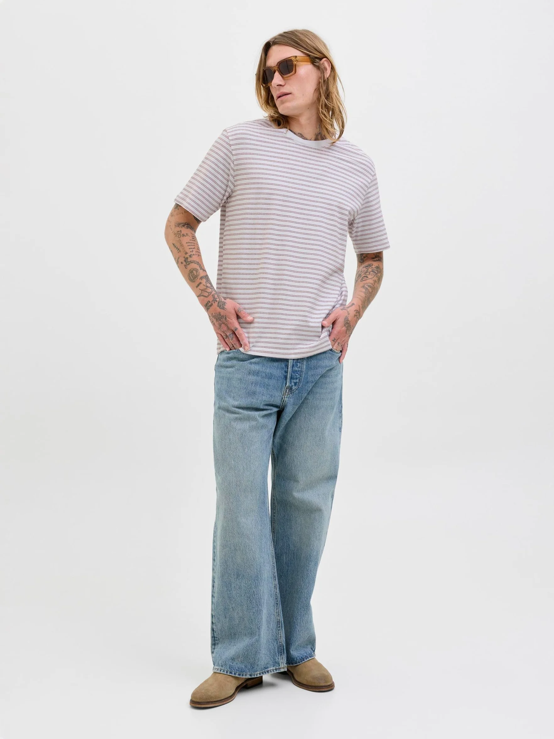 JACK & JONES Koszulka męska Jorcanggu Stripe Tee SS Crew Neck, Bright White, M