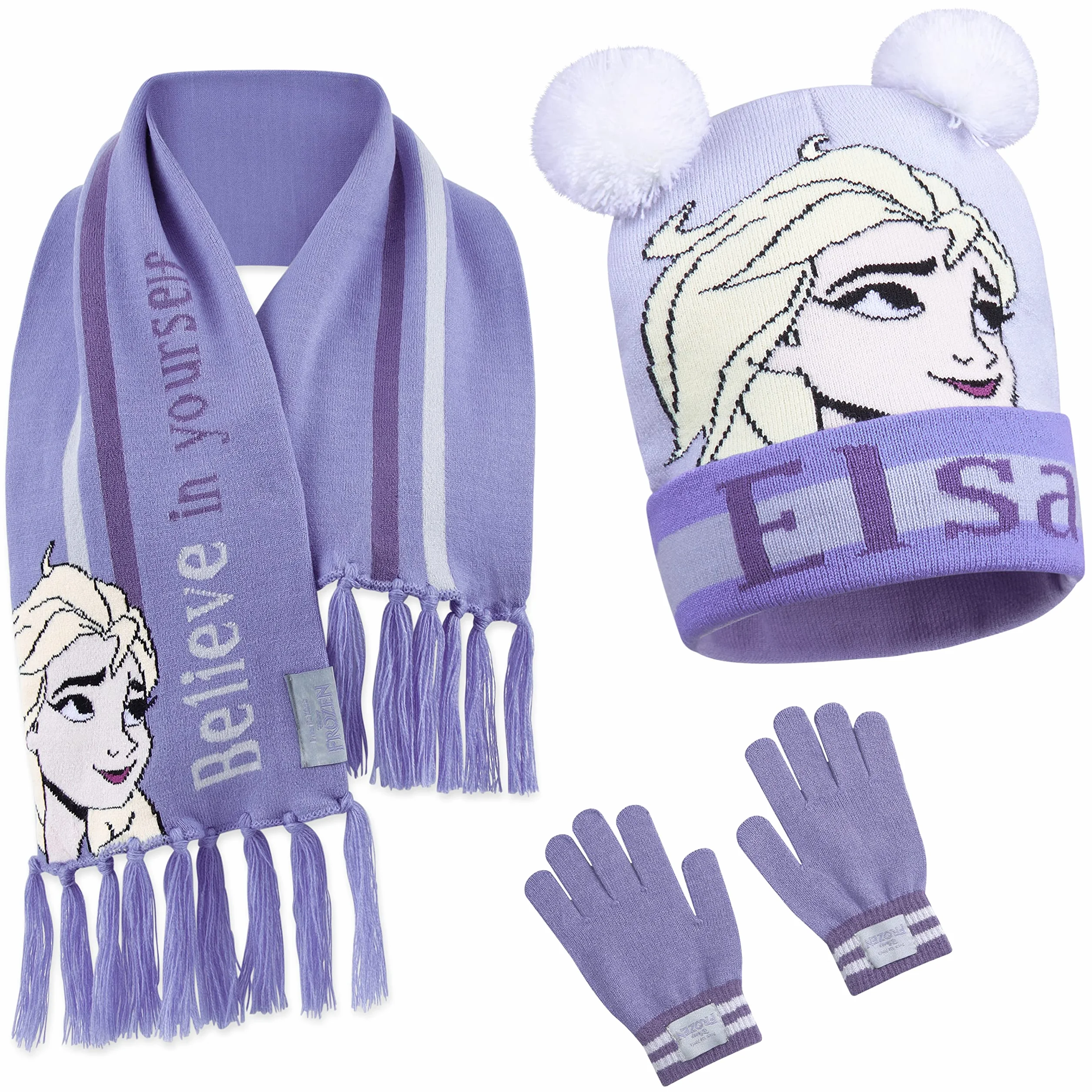 Disney Czapka beanie, szalik i rękawiczki, zestaw dla dzieci, Frozen Gifts dla dziewcząt, Fioletowy, Rozmiar uniwersalny