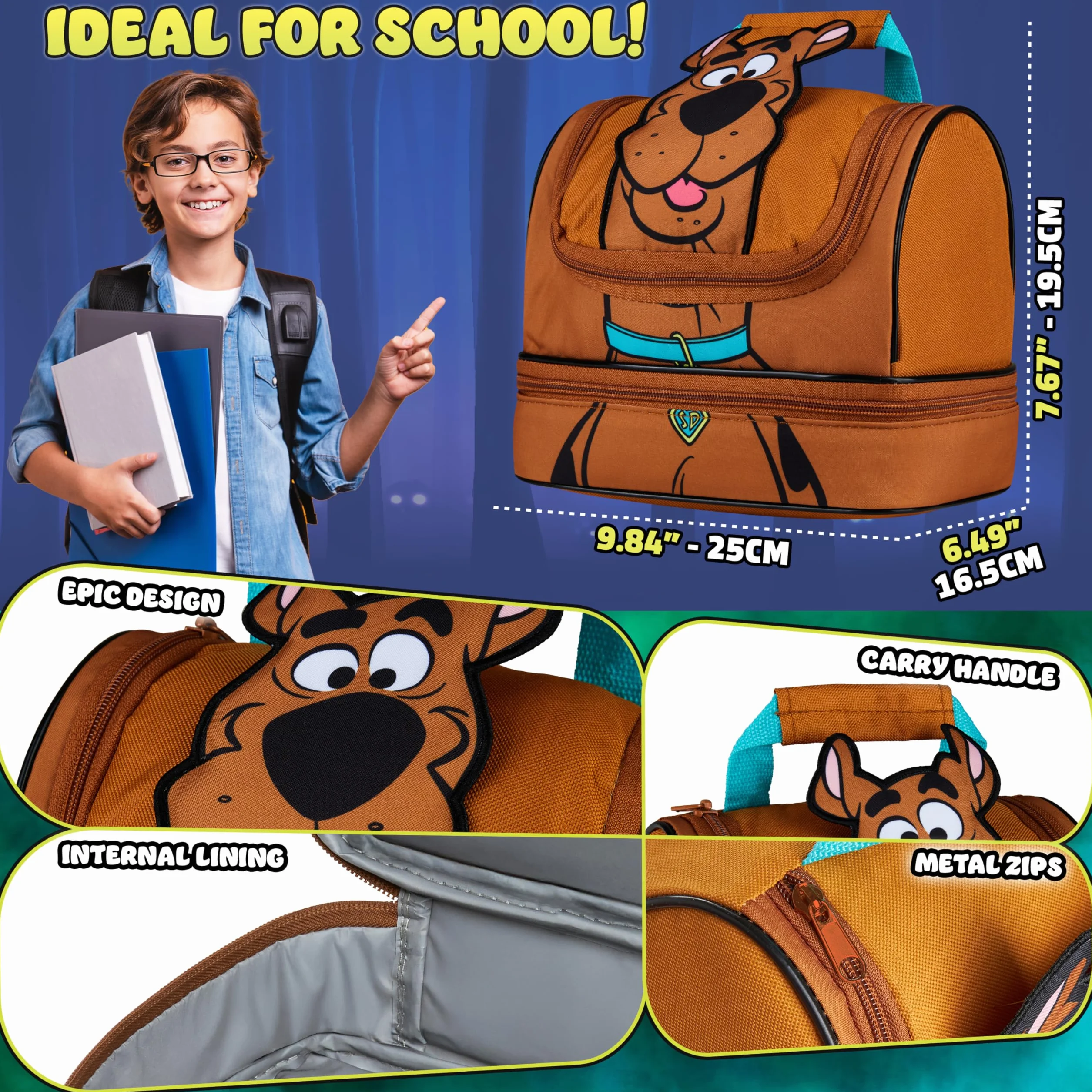 Uzyskaj Trend Scooby Doo Lunch Bag dla dzieci Izolowany Lunch Box z Przegródkami Dwupiętrowy Pojemnik Na Przekąski Do Szkoły Podróży Piknik Torba Chłodnicza (Brązowy Scooby Doo)
