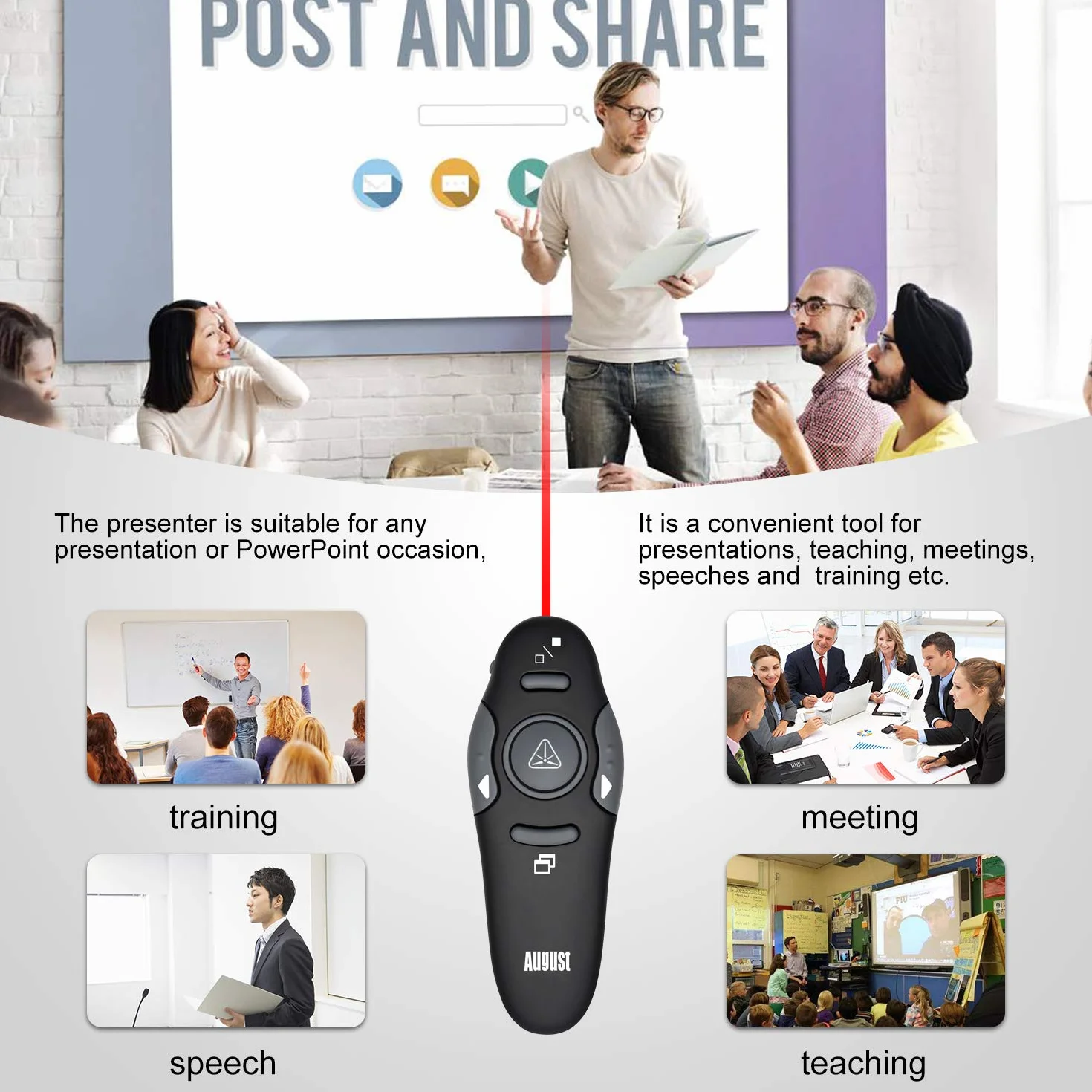 Bezprzewodowe wskaźniki prezentacyjne - August LP205 - pilot do prezentacji PowerPoint pokaz slajdów Clicker wskaźnik laserowy do Windows i Mac [czarny]