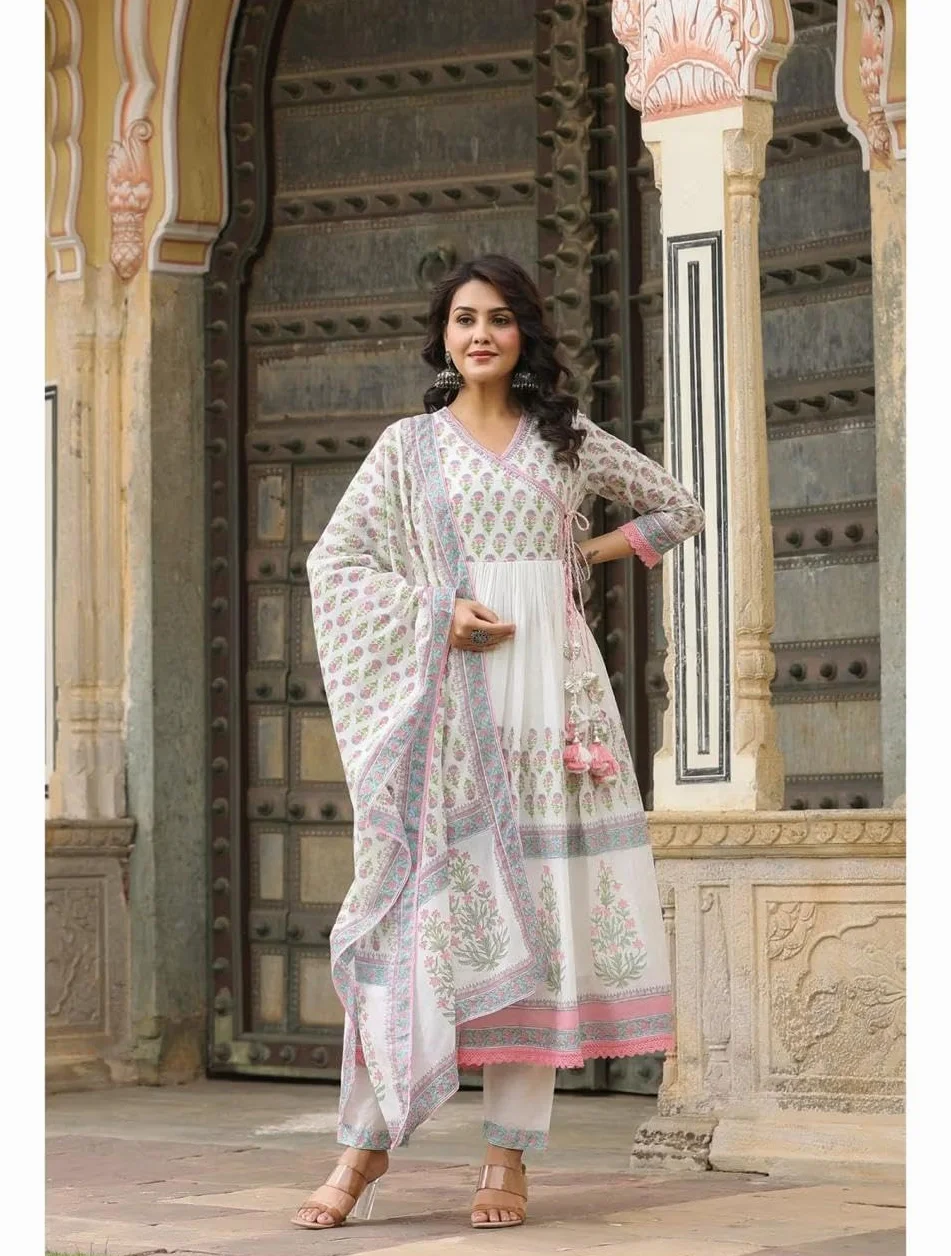 RangMahal indyjskie damskie spodnie z czystej bawełny haftowane Anarkali Kurta Tussle Dupatta zestaw