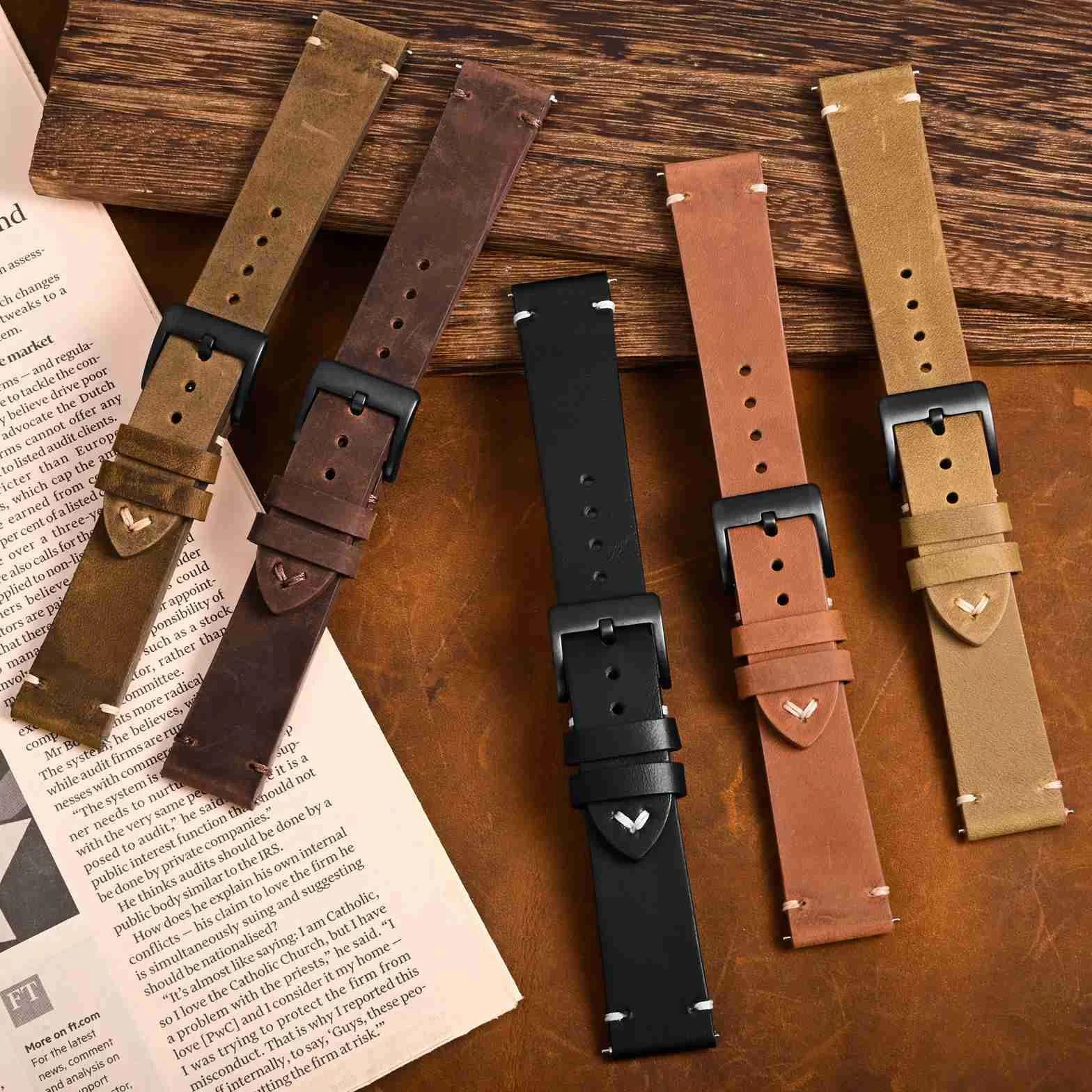 BISONSTRAP Skórzany zamienny pasek do zegarka męskiego, szybkozłączka z teleskopami, szerokość paska: 18 mm, 20 mm, 22 mm