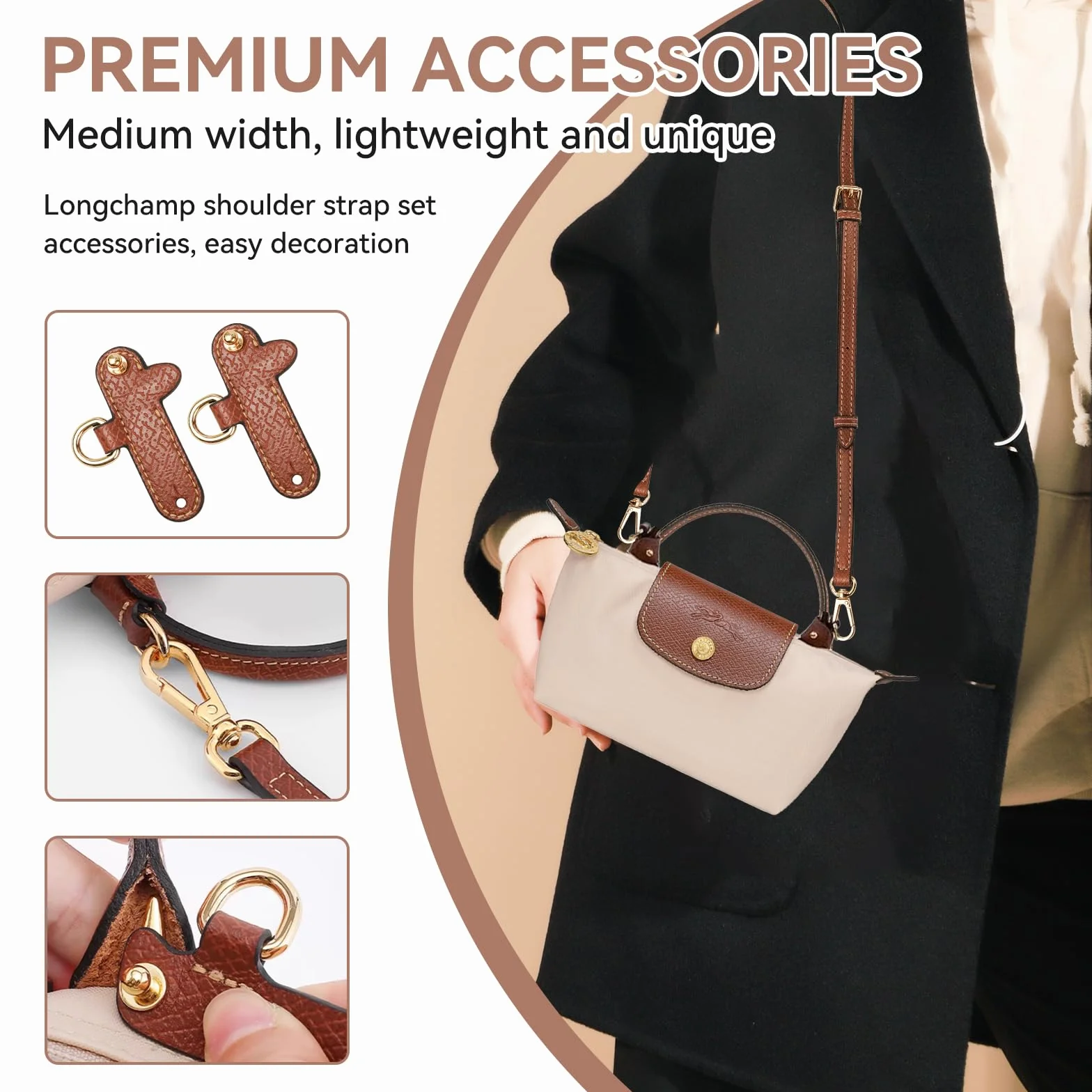 Pasek na ramię do torebki typu Longchamp, pasek na ramię i organizer do mini torby Longchamp, organizer do portfela z wieloma kieszeniami, regulowany pasek zapasowy ze skóry (bez opakowania)