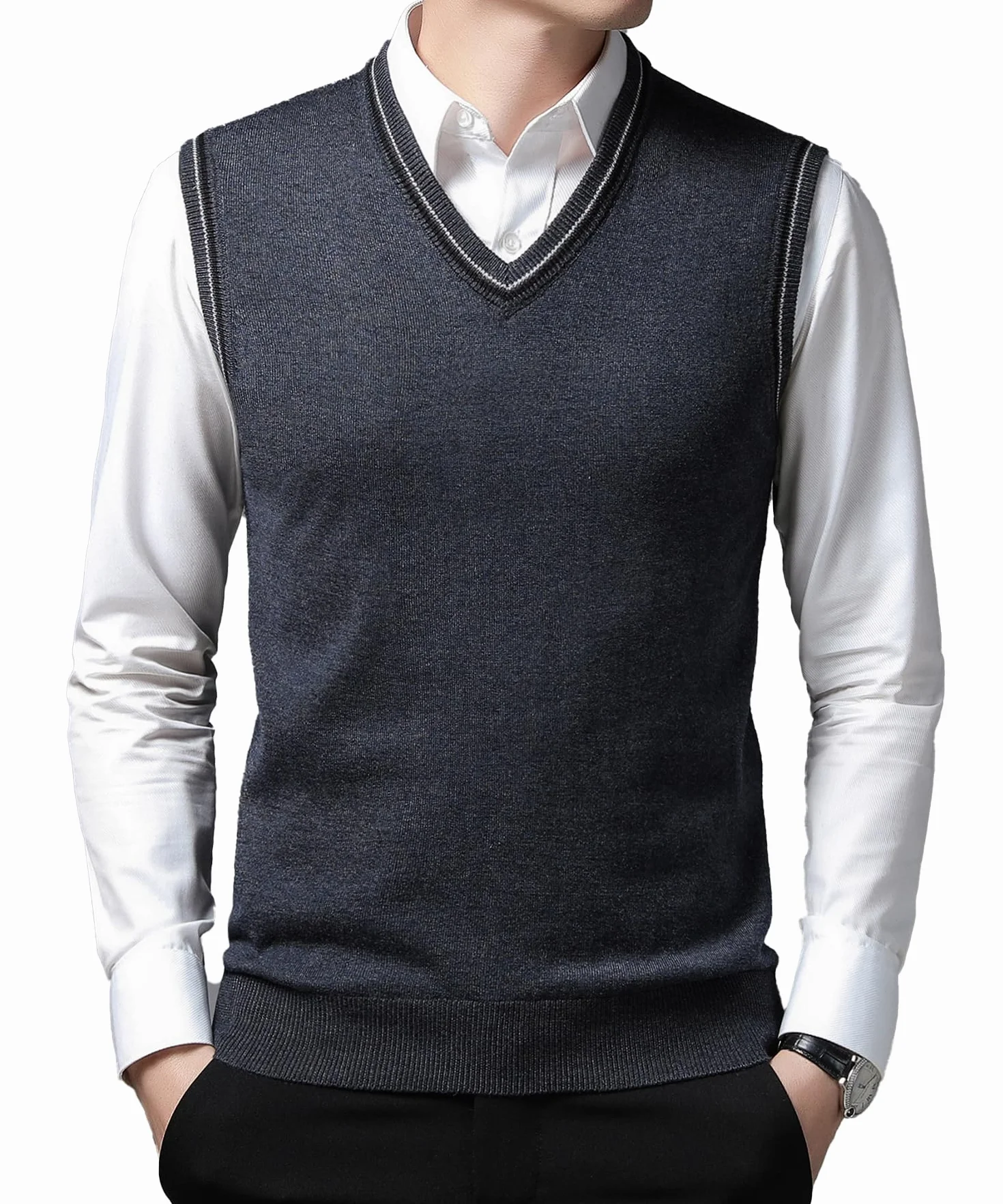 Męski sweter bez rękawów z dekoltem w serek kamizelka z dzianiny odzież wierzchnia kamizelka klasyczna biznesowa dzianina slipover sweter tank topy, ciemnoszary, XL
