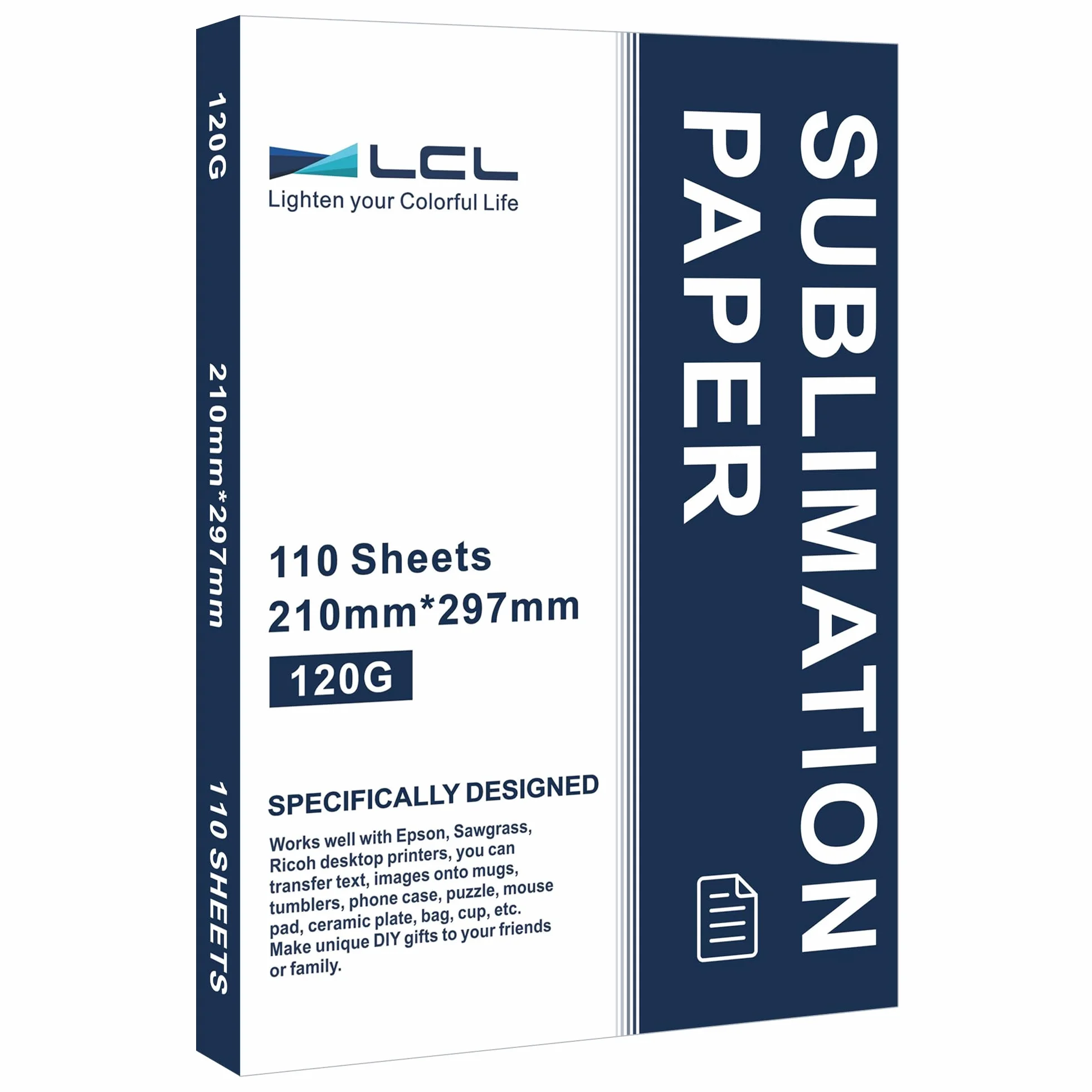 LCL Papier do sublimacji A4, 210 x 297 mm, 120 g/m² (110 arkuszy), kompatybilny z drukarkami sublimacyjnymi EPSON, SAWGRASS, RICOH, Brother