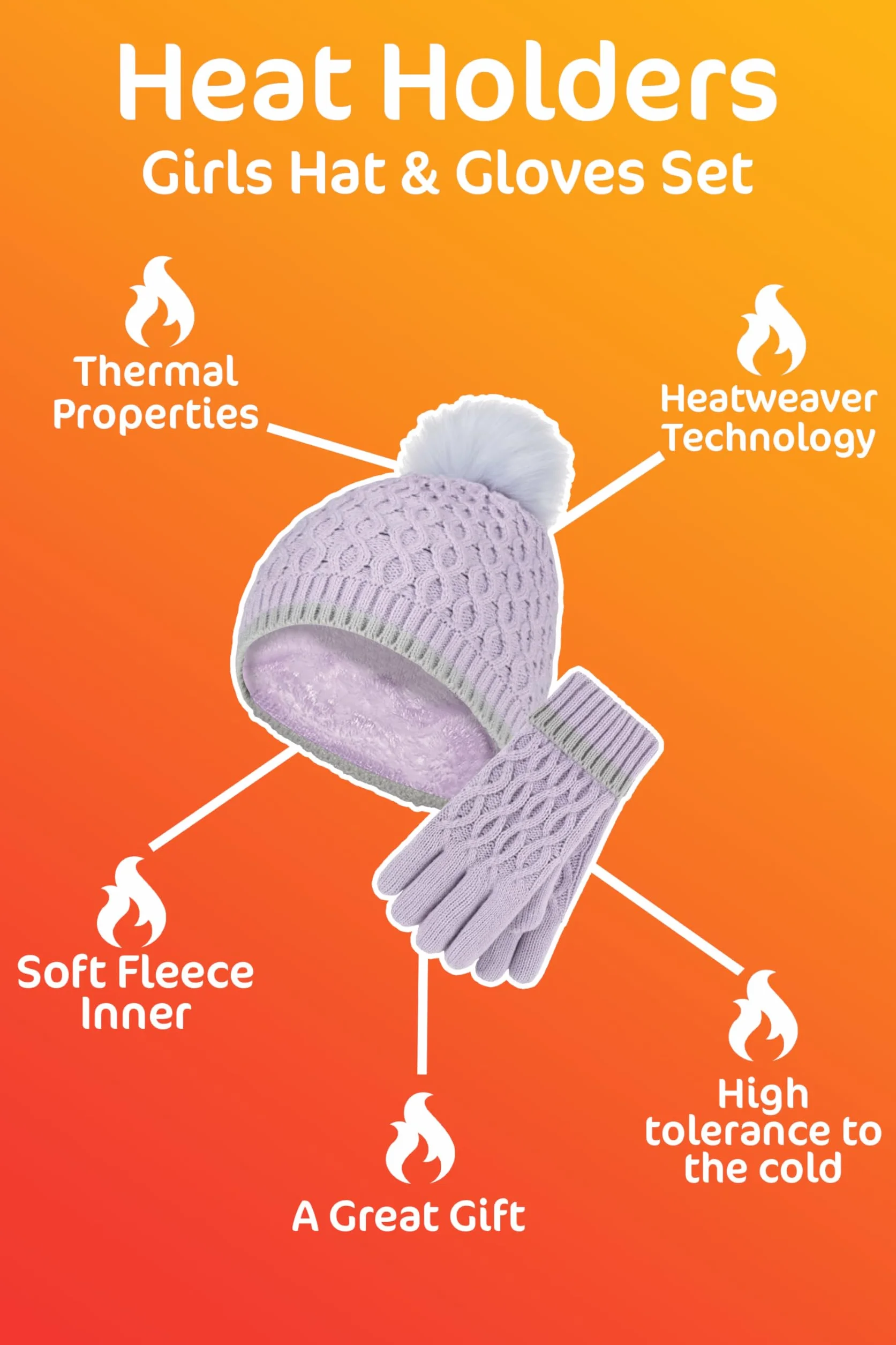 Heat Holders - Dziewczęca czapka i rękawiczki z pomponem z izolacją termiczną | Kolorowe pastelowe style