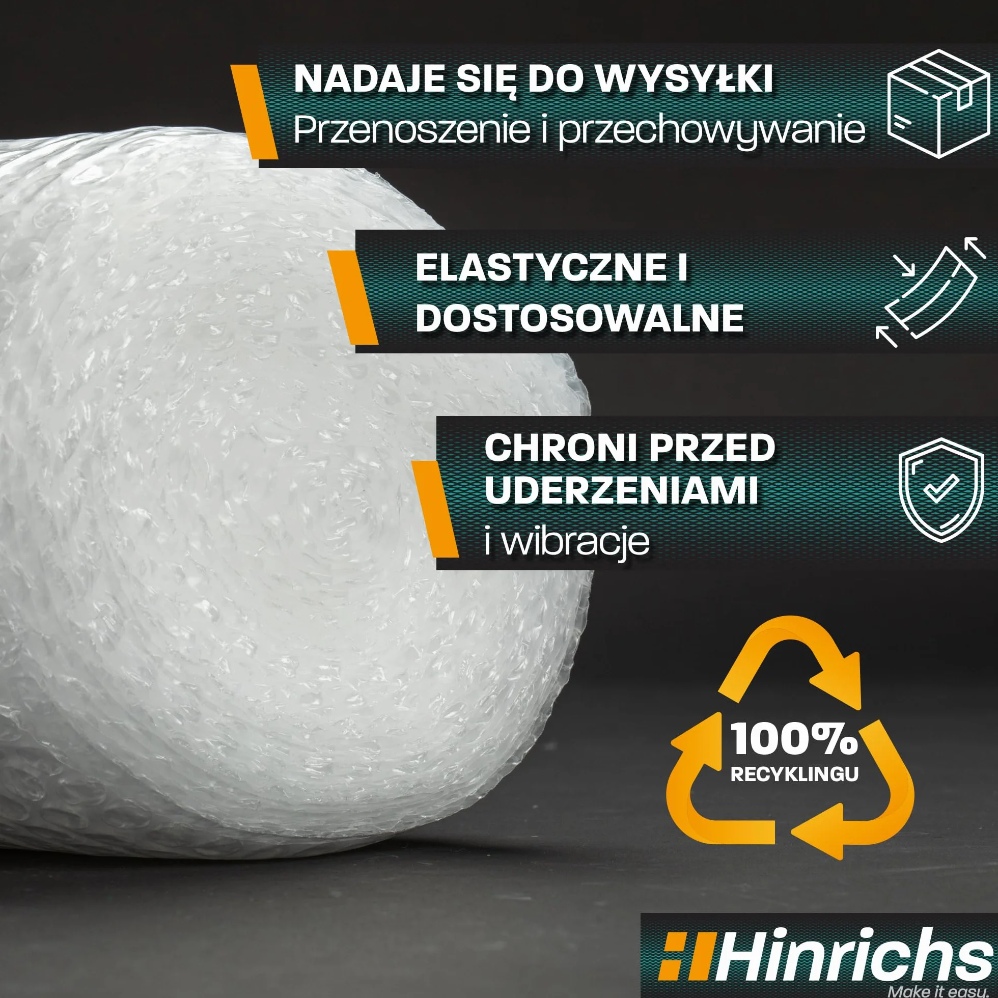 Hinrichs Folia Bąbelkowa w Rolce 10m x 40cm - Idealna do Wysyłki, Pakowania i Przenoszenia - Możliwość 100% Recyklingu - Folia Bąbelkowa jako Materiał Opakowaniowy - Materiał amortyzujący