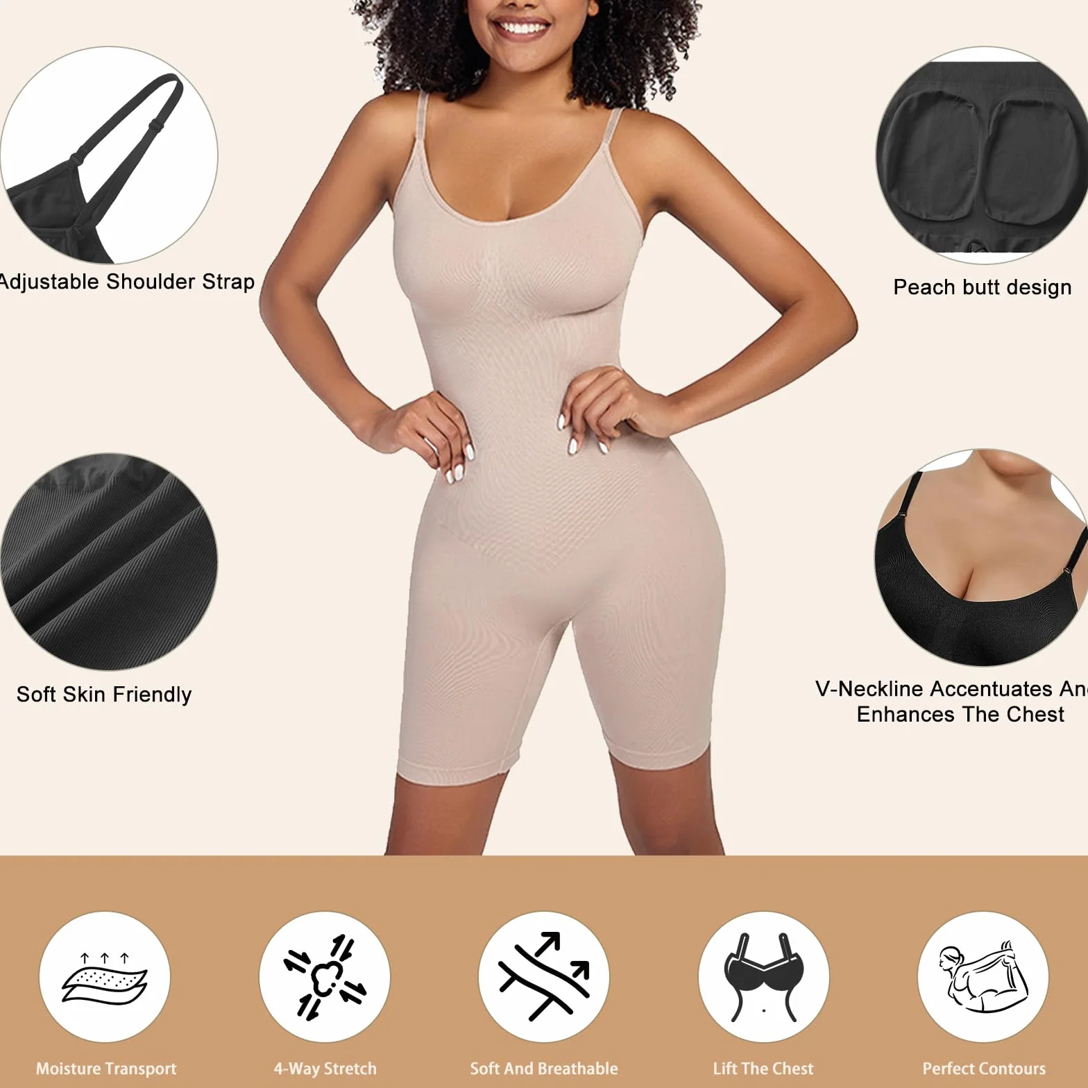 Merlvida Shapewear Damski Kombinezon Całkowity Mocno Modelujący Wyszczuplający Brzuch Bezszwowy Body Modelujące z Regulowanymi Ramiączkami