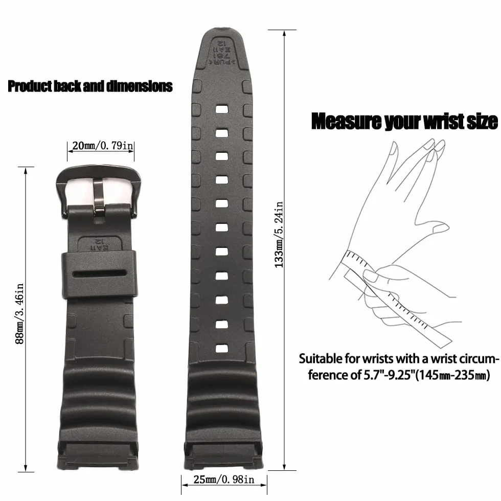 Zamiennik paska do zegarka z żywicy, wodoodporny sportowy pasek do zegarka SGW-100, Czarna klamra, 22mm, 1