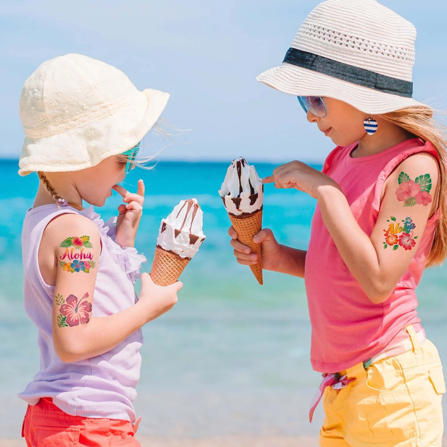 Qpout 96 sztuk brokatowych tatuaży tymczasowych dla dzieci i kobiet, letnie hawajskie tatuaże kwiatowe, Aloha Party Luau Beach Favors, dekoracja tropikalna